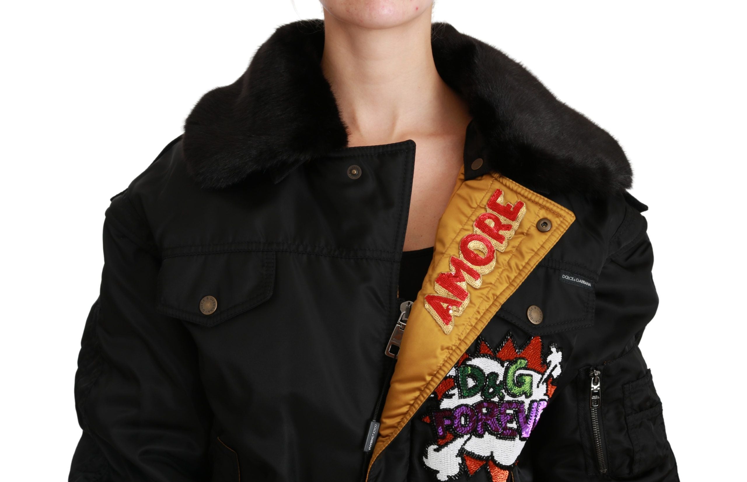 Елегантно черно бомбър яке Dolce & Gabbana със свалящи се елементи