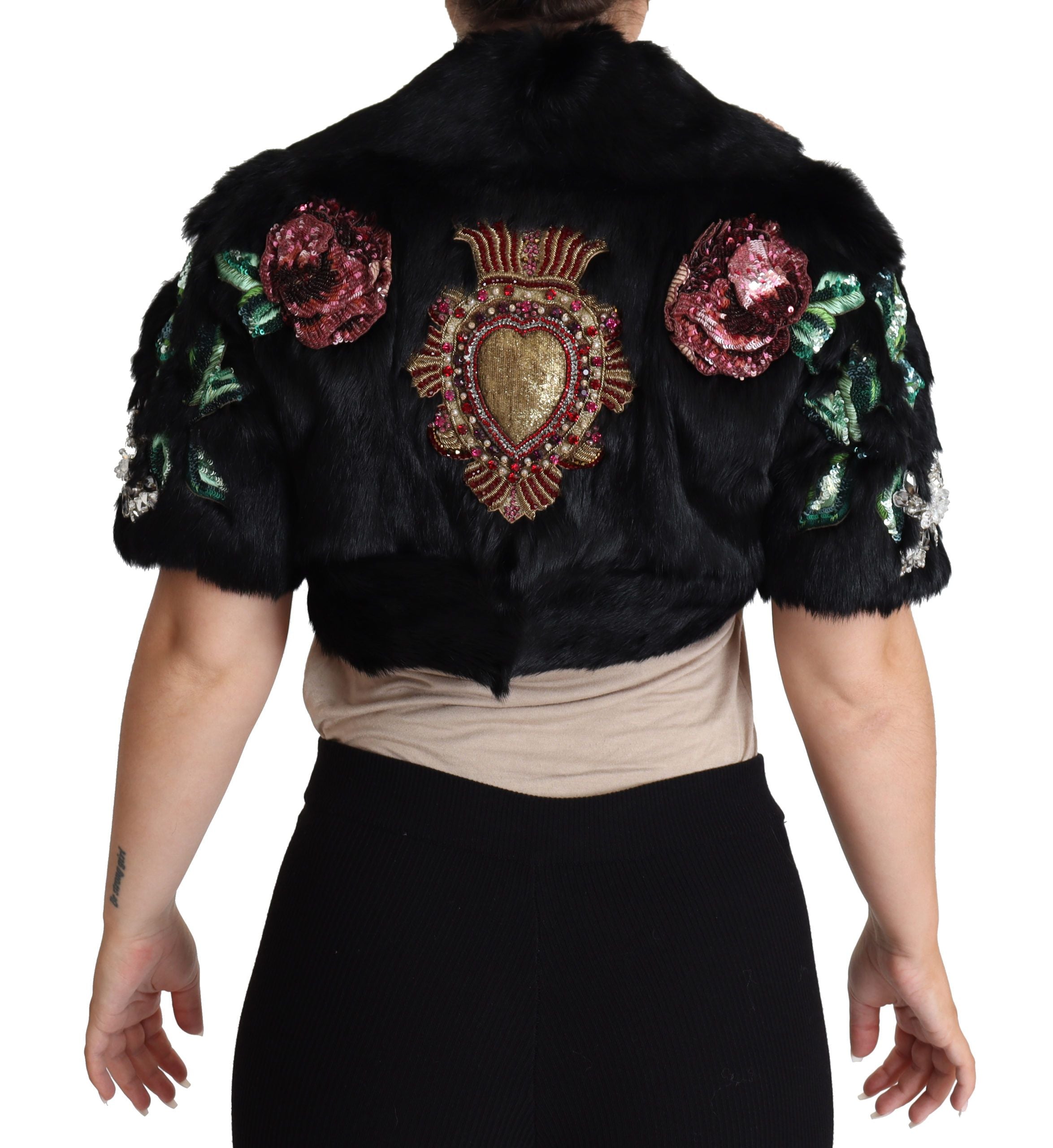 Dolce & Gabbana Елегантно черно кристално яке от заешка кожа