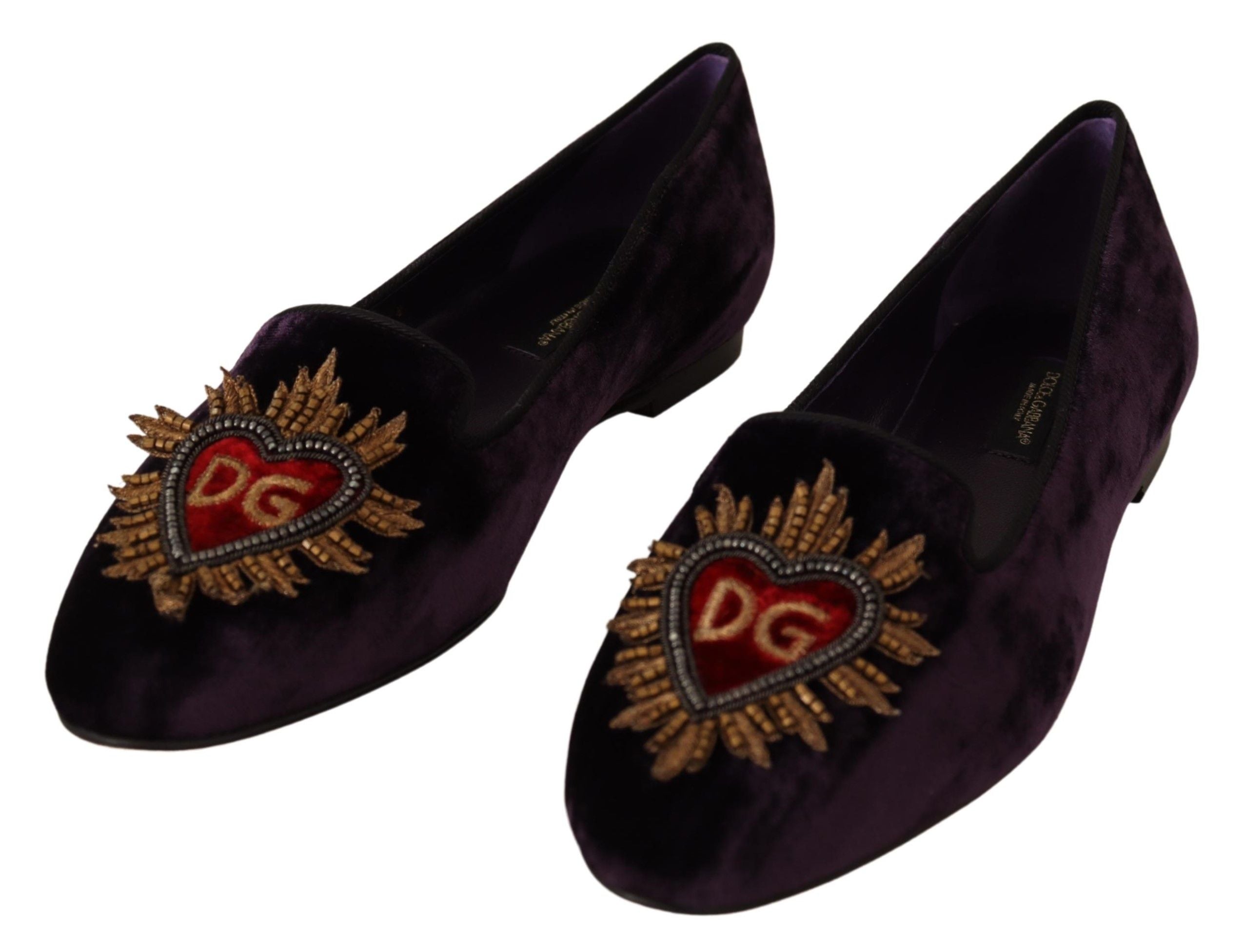 Dolce & Gabbana Chic лилави кадифени мокасини с детайл сърце