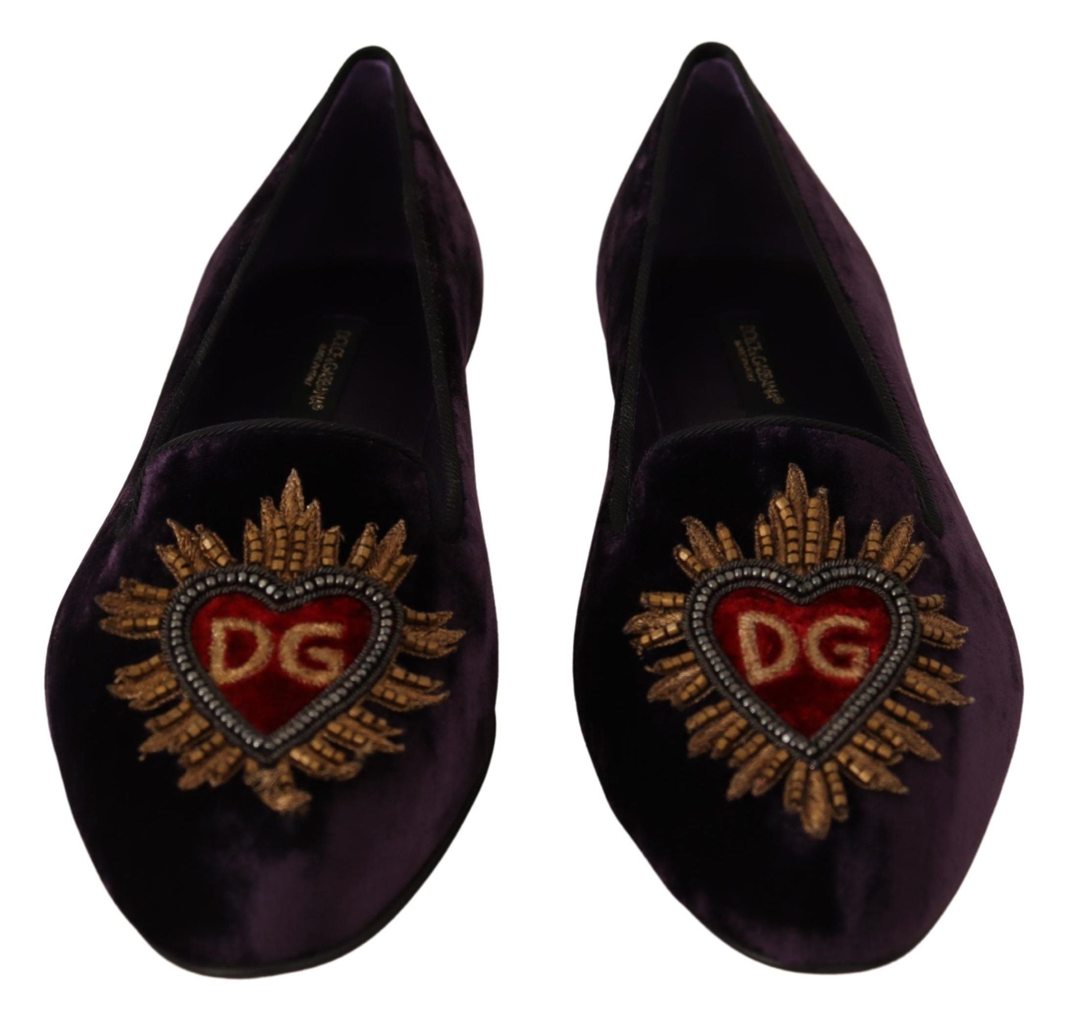 Dolce & Gabbana Chic лилави кадифени мокасини с детайл сърце
