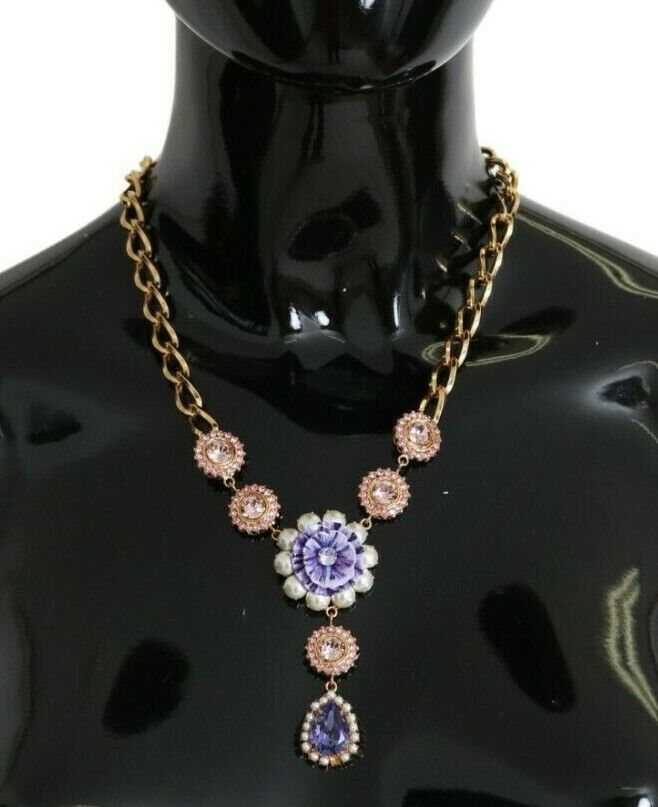 Dolce & Gabbana Елегантно колие с талисман от златен кристал и цветя