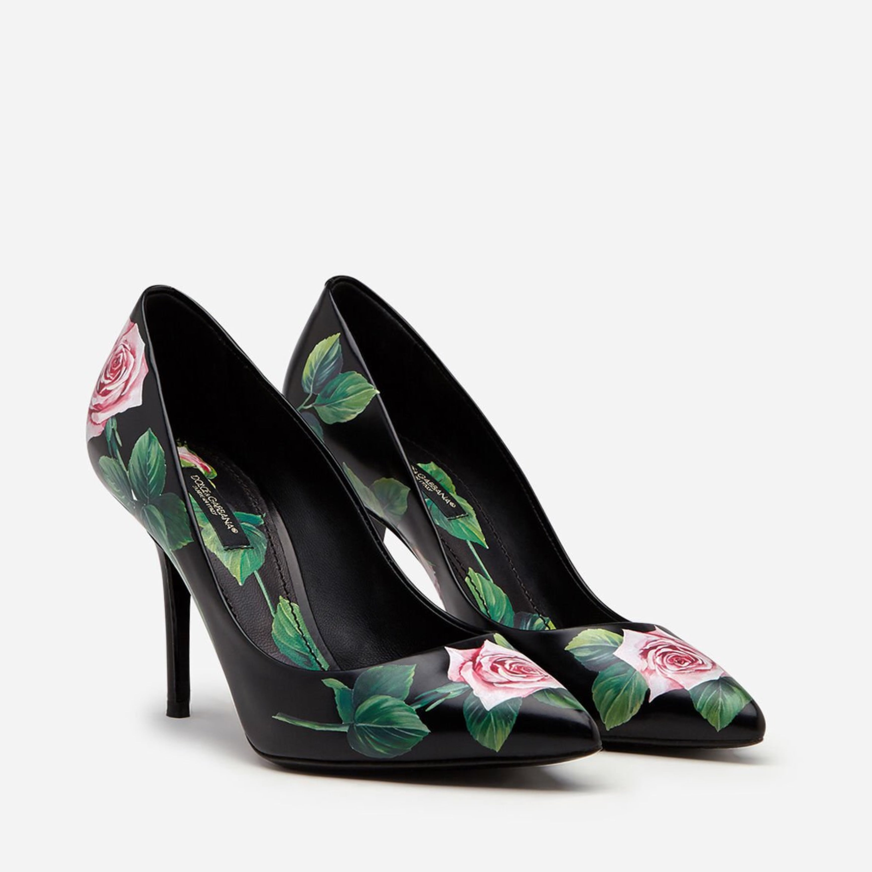 Дамски луксозни обувки на висок ток 90мм в черно с оринт рози DOLCE & GABBANA Women’s Luxury Rose Print Heels