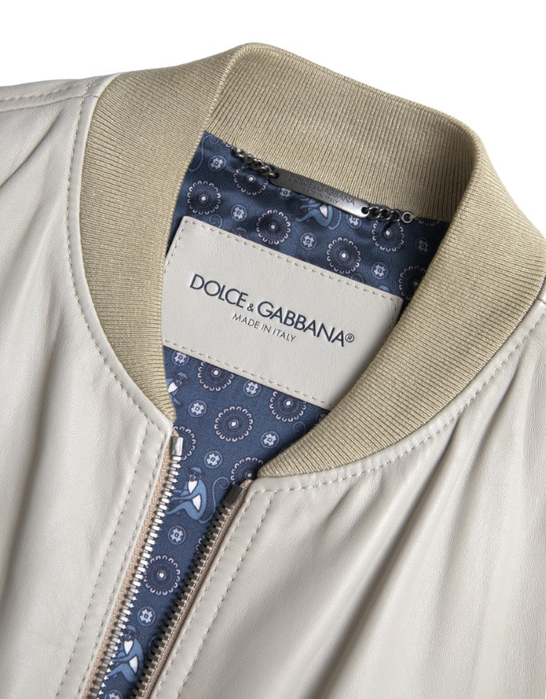 Кремаво кожено бомбър яке Dolce & Gabbana