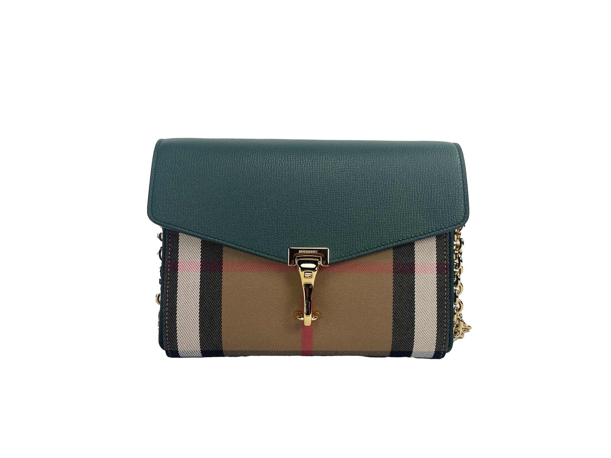 Burberry Macken малка винтидж зелена чанта с карирана кожа през рамо