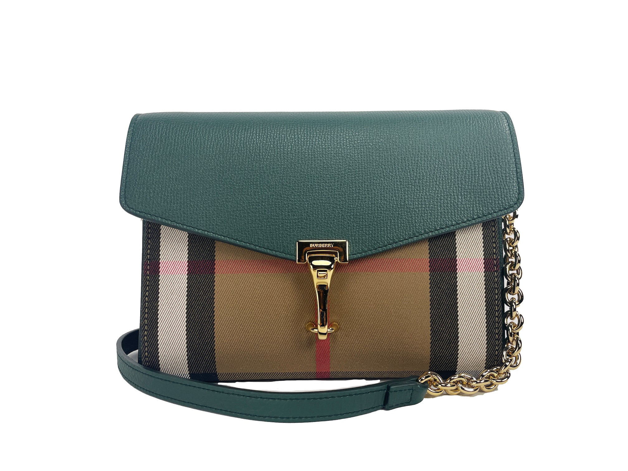 Burberry Macken малка винтидж зелена чанта с карирана кожа през рамо