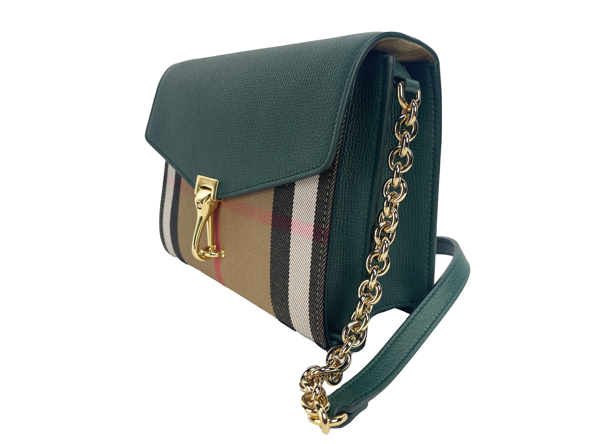 Burberry Macken малка винтидж зелена чанта с карирана кожа през рамо