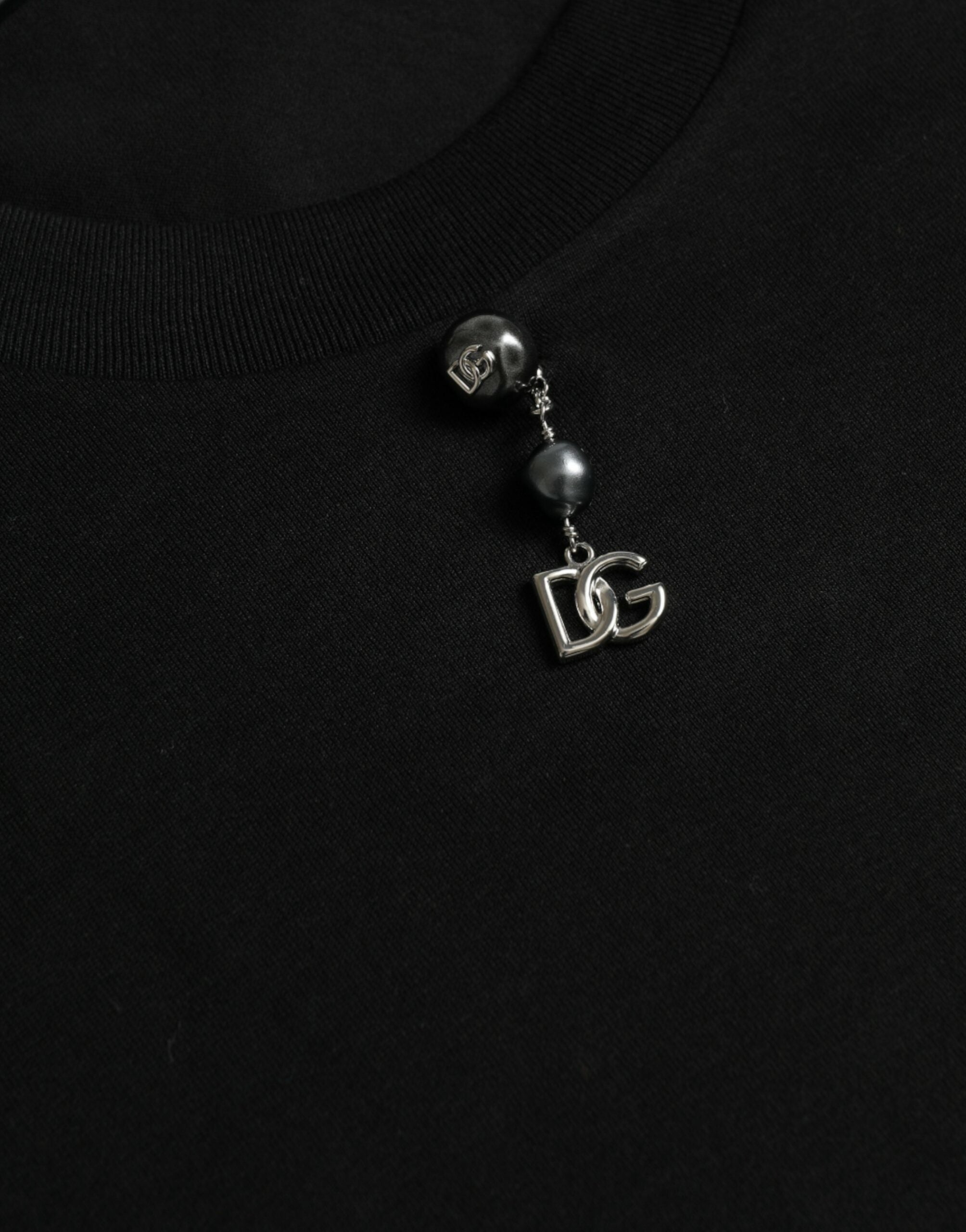 Dolce & Gabbana Черна украсена памучна тениска с кръгло деколте