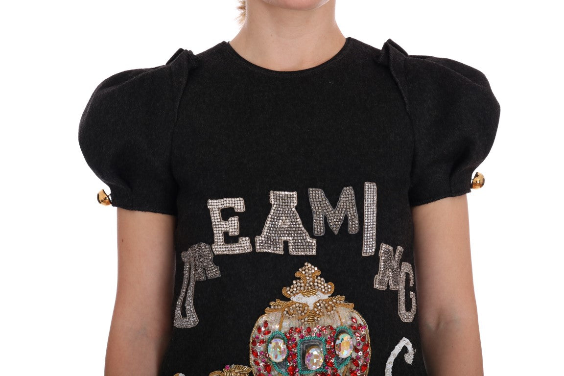 Dolce & Gabbana Enchanting вълнена миди рокля с инкрустирани кристали