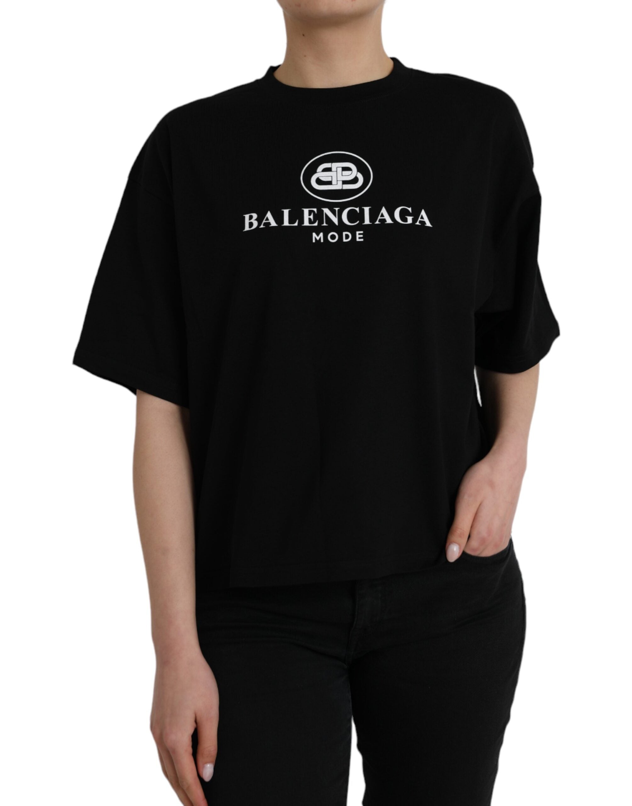 Черна памучна тениска с кругло деколте и къси ръкави с лого Balenciaga