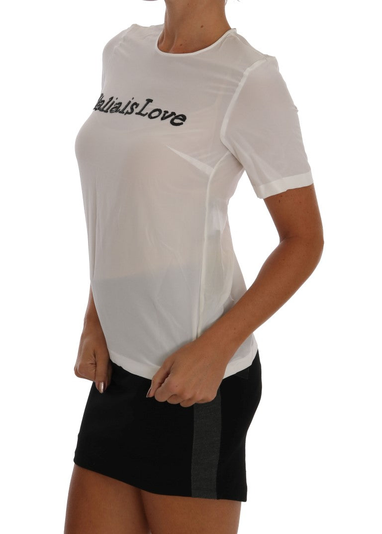 Копринена бяла блуза Dolce & Gabbana с пайети „Italia Is Love“.