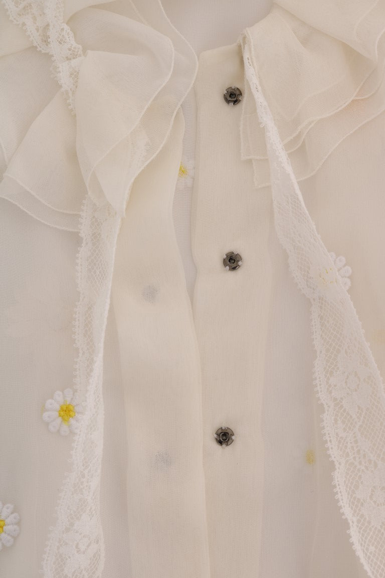 Dolce & Gabbana Елегантна бяла копринена блуза с маргаритки