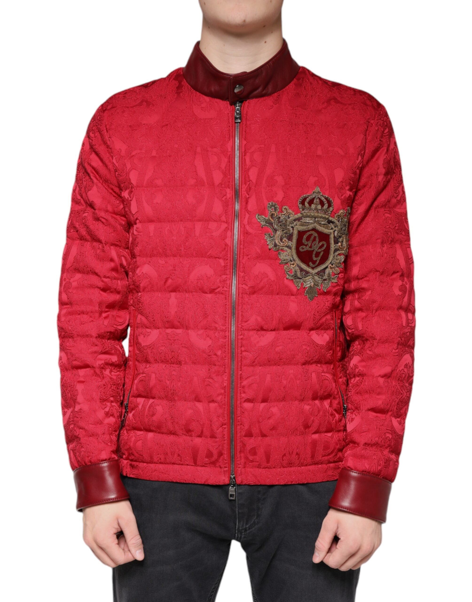 Dolce & Gabbana Red Quilted Bomber Jacket Gold Crown Logo