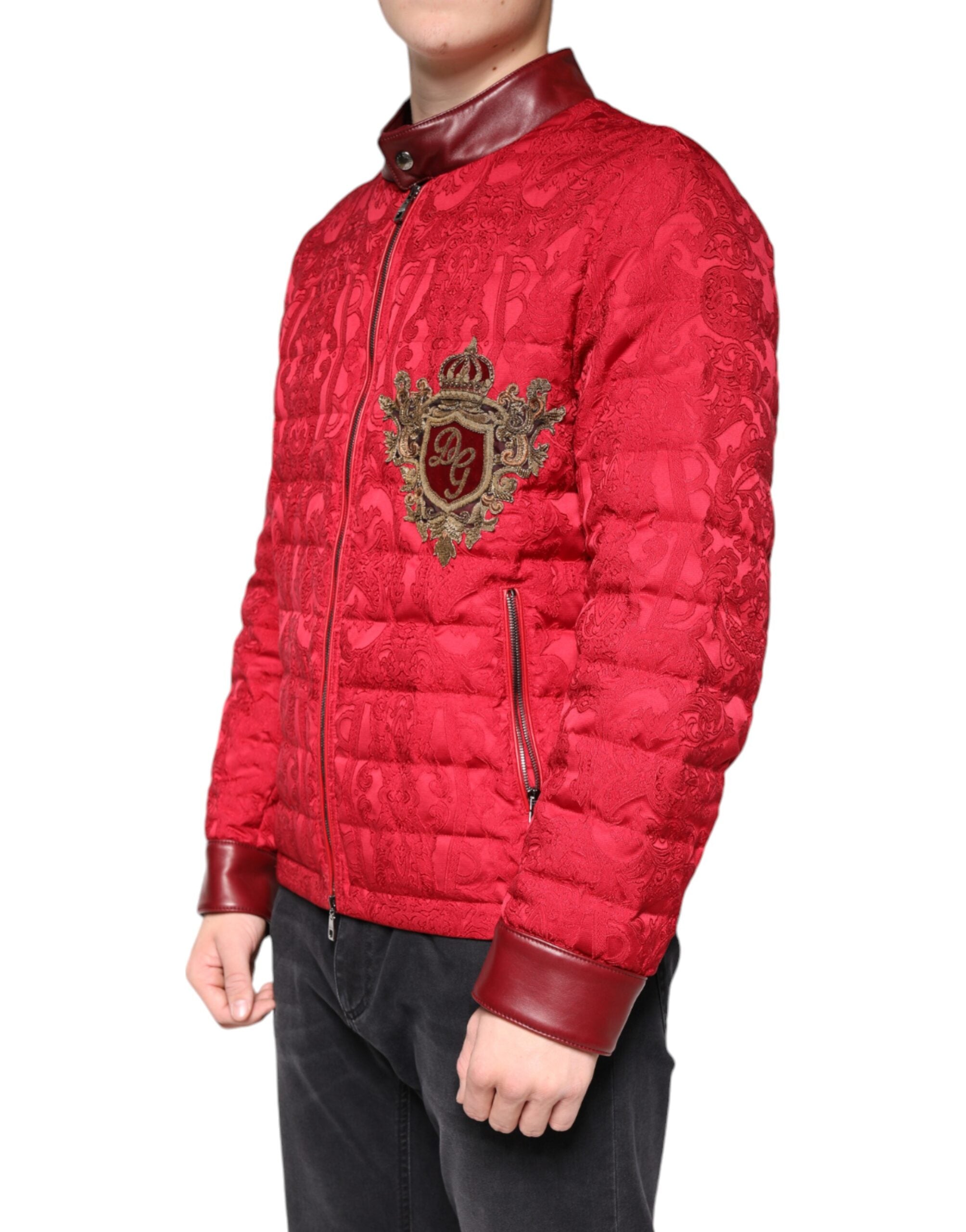 Dolce & Gabbana Red Quilted Bomber Jacket Gold Crown Logo