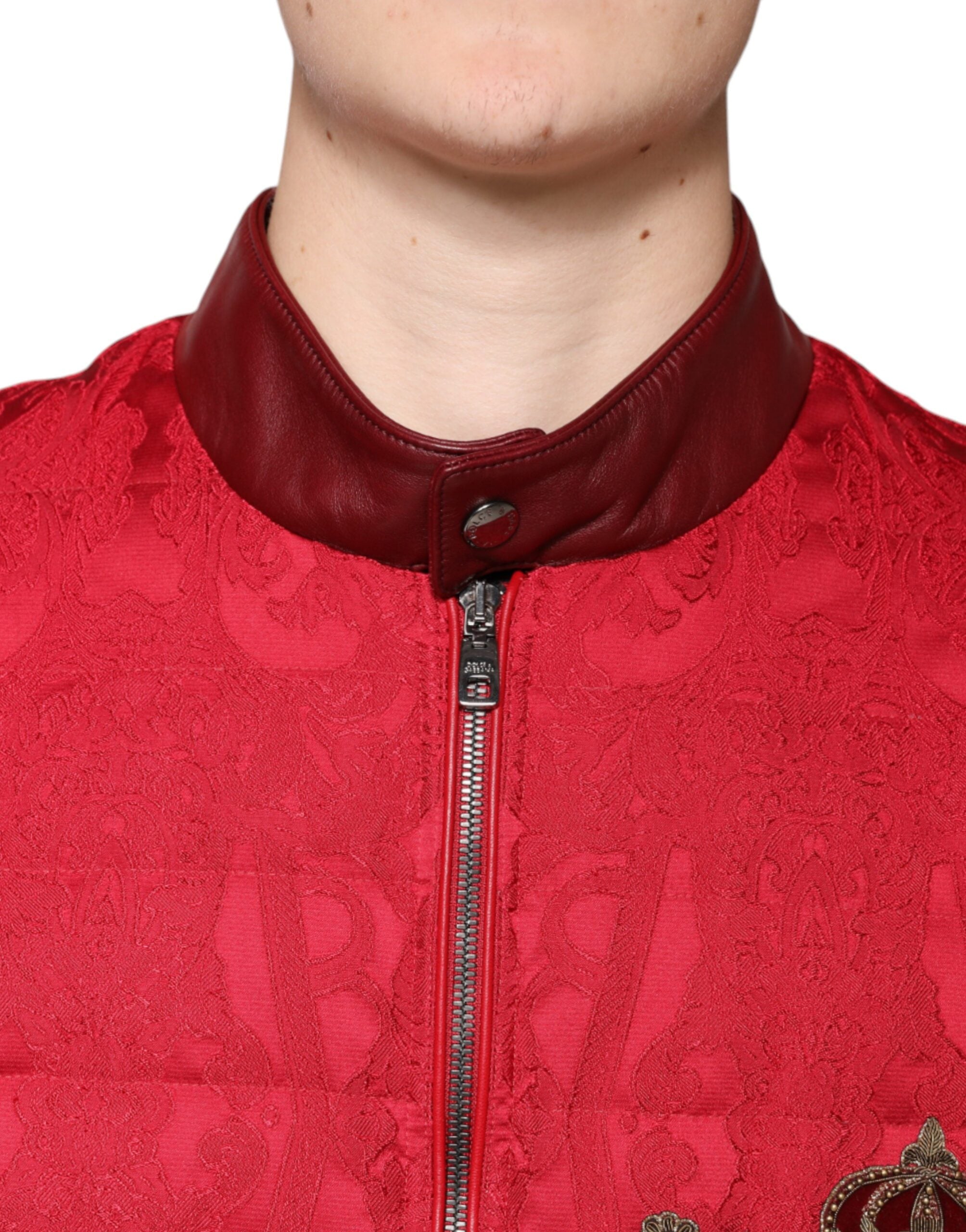 Dolce & Gabbana Red Quilted Bomber Jacket Gold Crown Logo