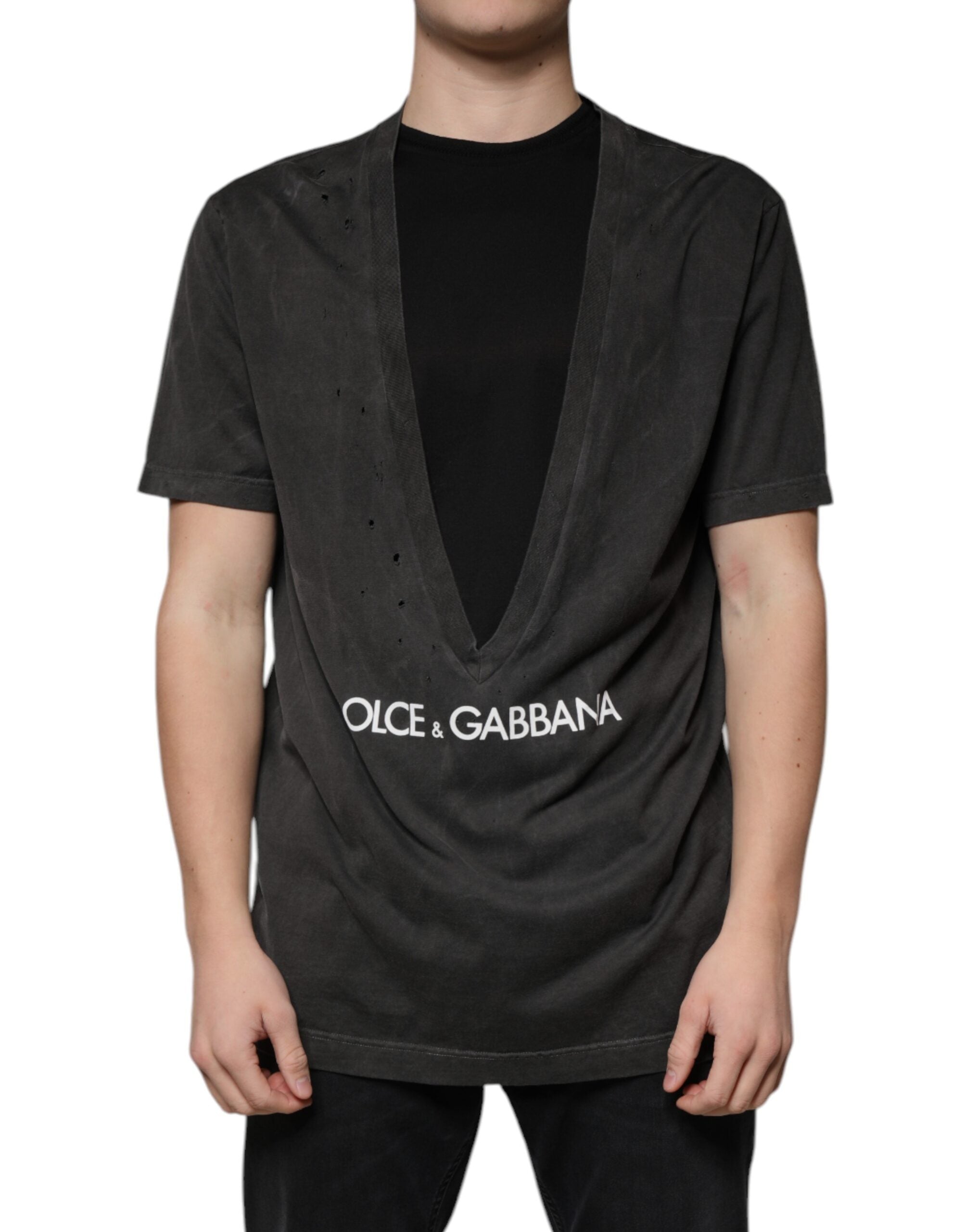 Черна памучна тениска с кръгло деколте и къси ръкави Dolce & Gabbana
