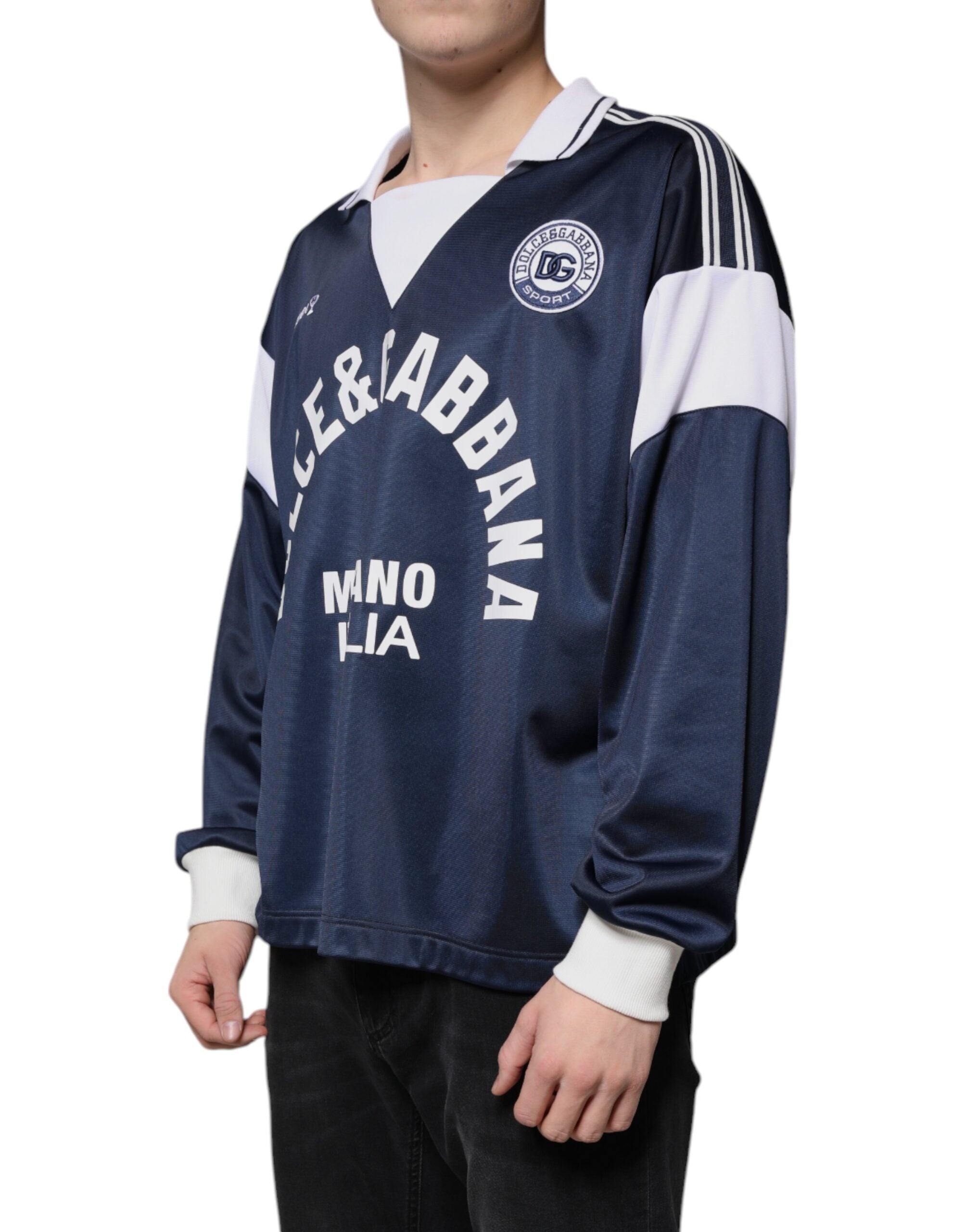 Dolce & Gabbana Blue White Milano Джърси тениска с дълъг ръкав
