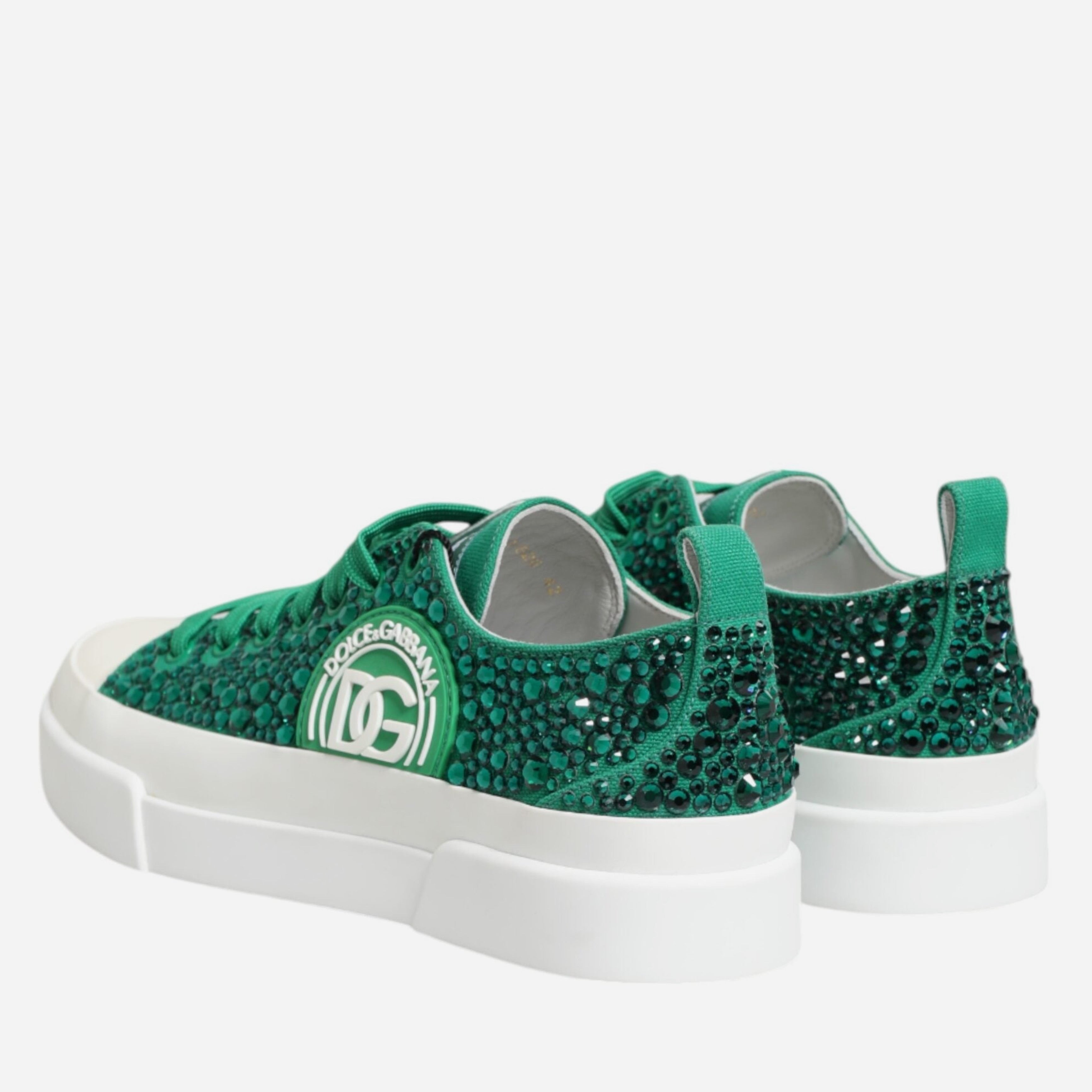 Дамски платнени кецове с кристали Women’s sneakers Dolce & Gabbana Portofino Green Crystal DG logo heels view