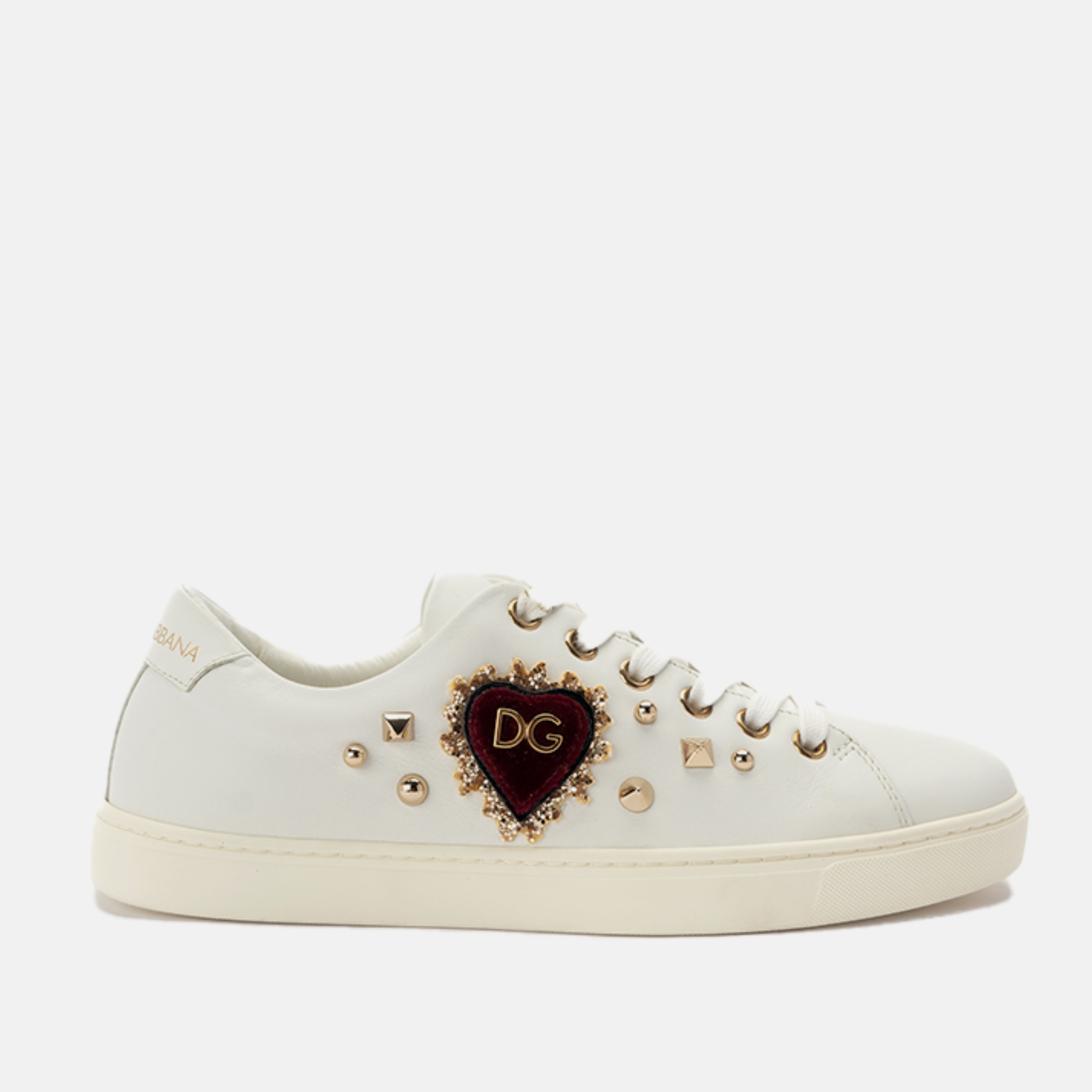 Дамски кожени кецове в бяло с апликация от кадифено сърце DOLCE & GABBANA Women’s White with Embellished Heart Detail Sneakers