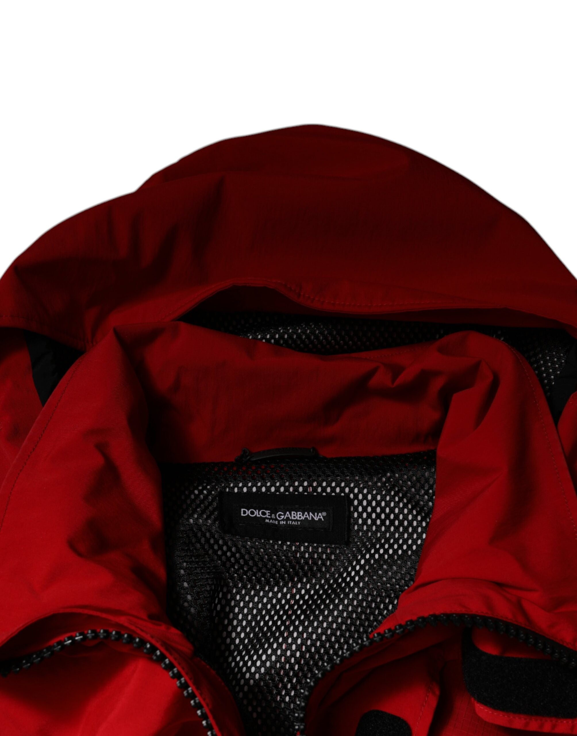 Мъжко яке Dolce & Gabbana с червена найлонова качулка и пълен цип