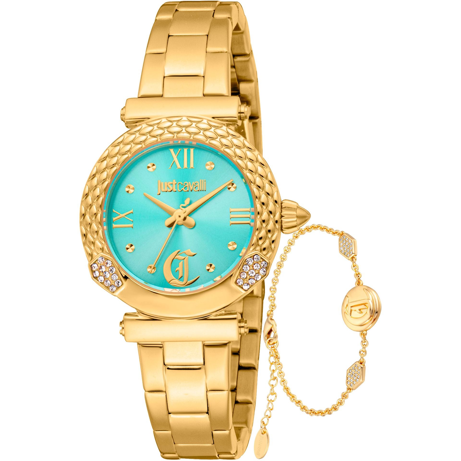 Комплект дамски часовник и гривна Women’s watch Just Cavalli SET Curiosa JC1L332M0065 Yellow Gold Turquoise