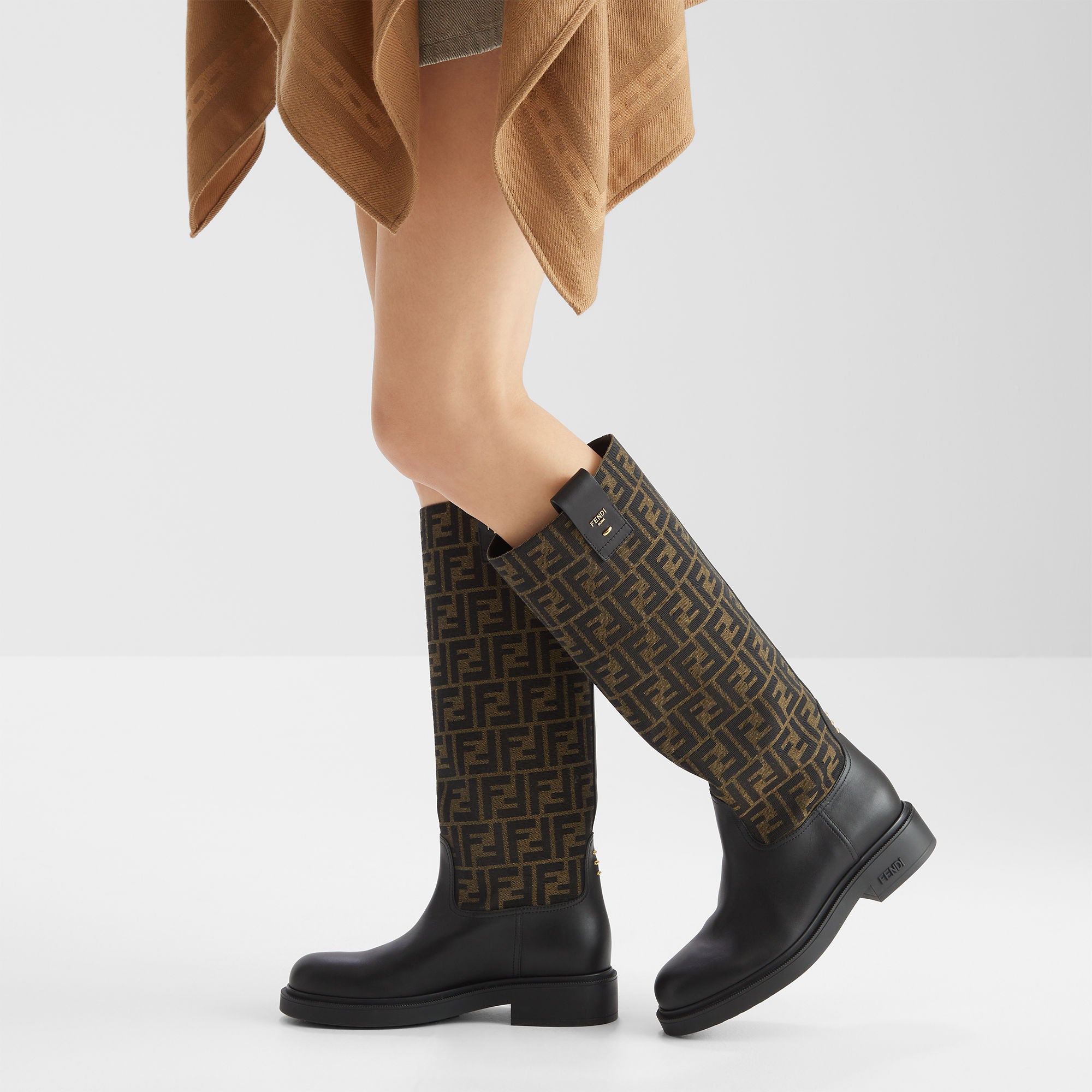 Дамски ботуши Women’s Black leather and brown FF fabric boots FENDI FILO 8W8574AHGYF0PMM lifestyle view