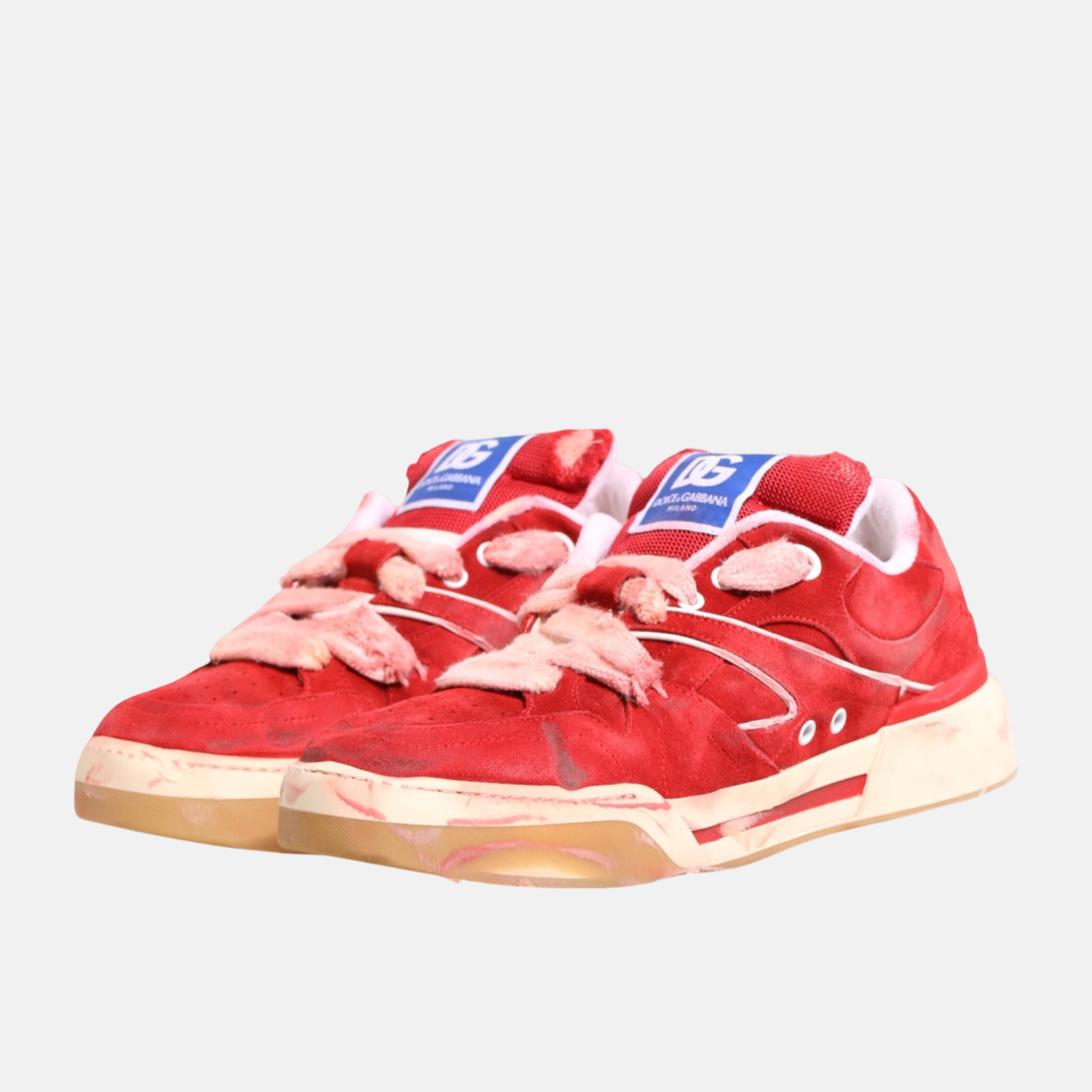 Dolce & Gabbana Red Distressed Suede DG Logo Men Sneakers Medial View