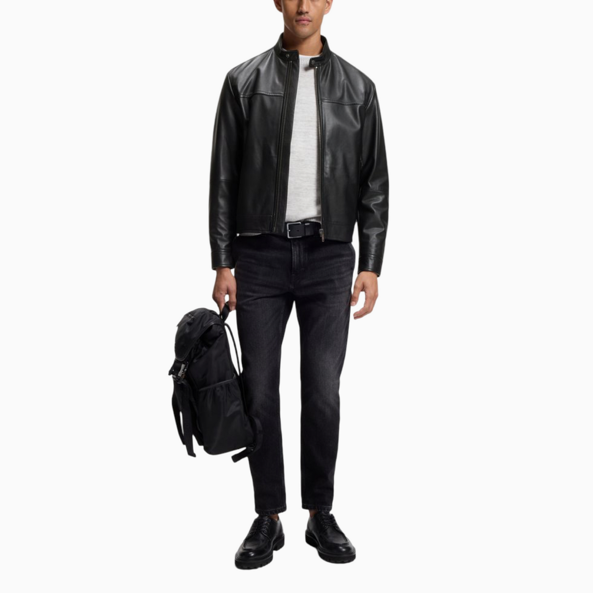 Мъжко кожено яке Boss Men Leather Jacket 50566585-001 Front View