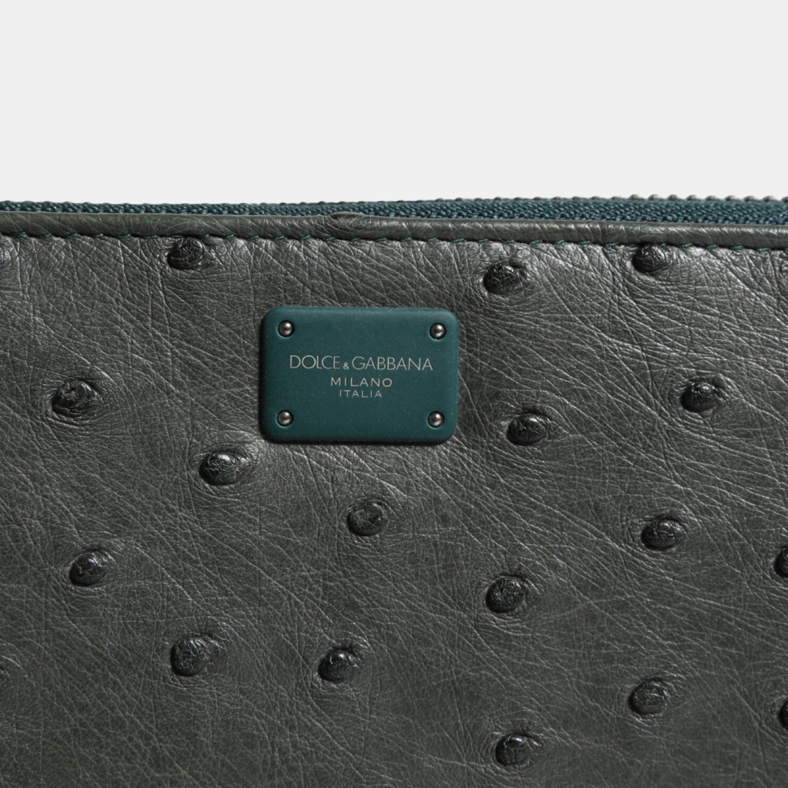 Dolce & Gabbana Green Ostrich Logo Plaque Zip Around Continental Wallet BP1672 A8L21 8M072 Close-Up