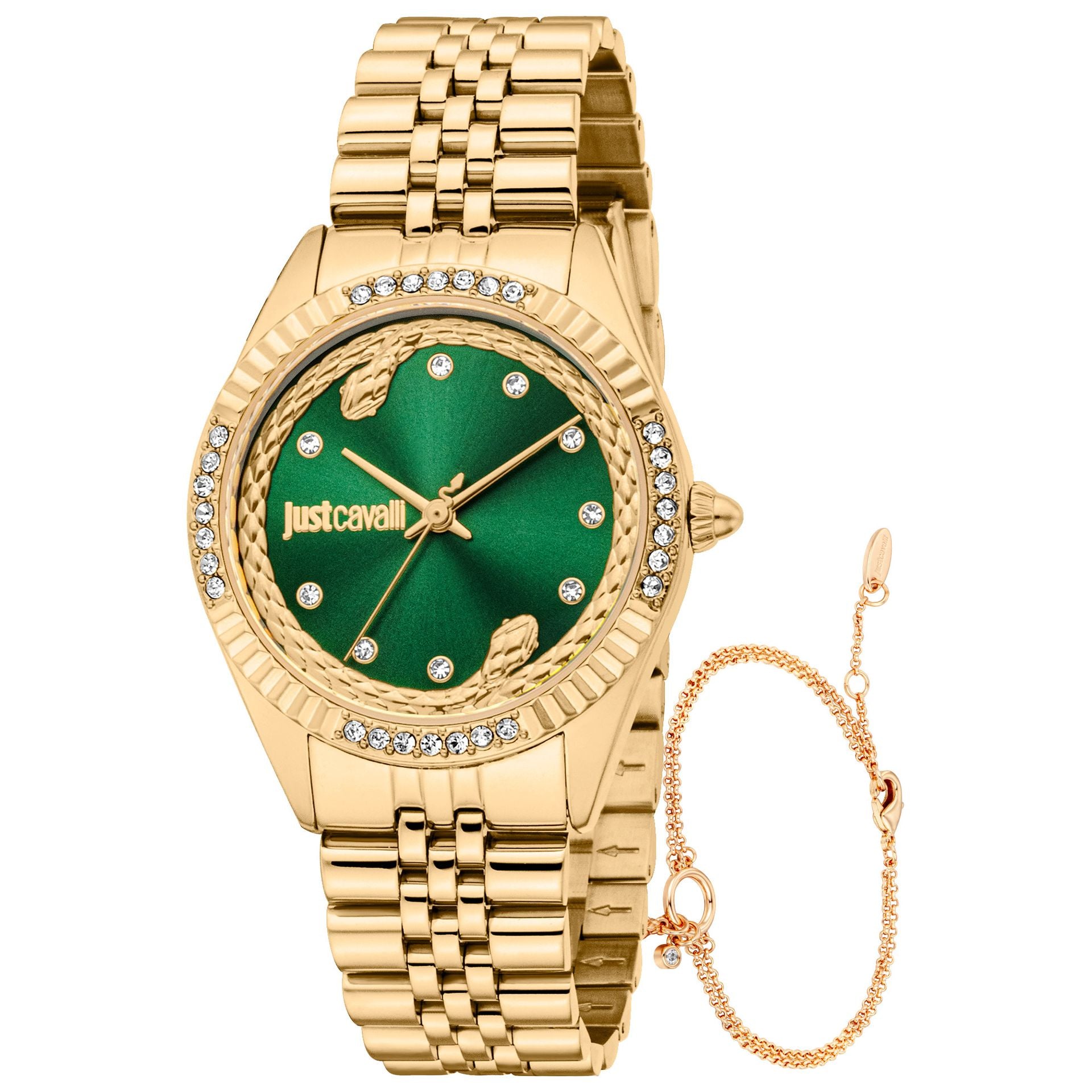 Комплект дамски часовник и гривна Women’s watch Just Cavalli SET Vittoria Glam JC1L361M0065 Yellow Gold Green