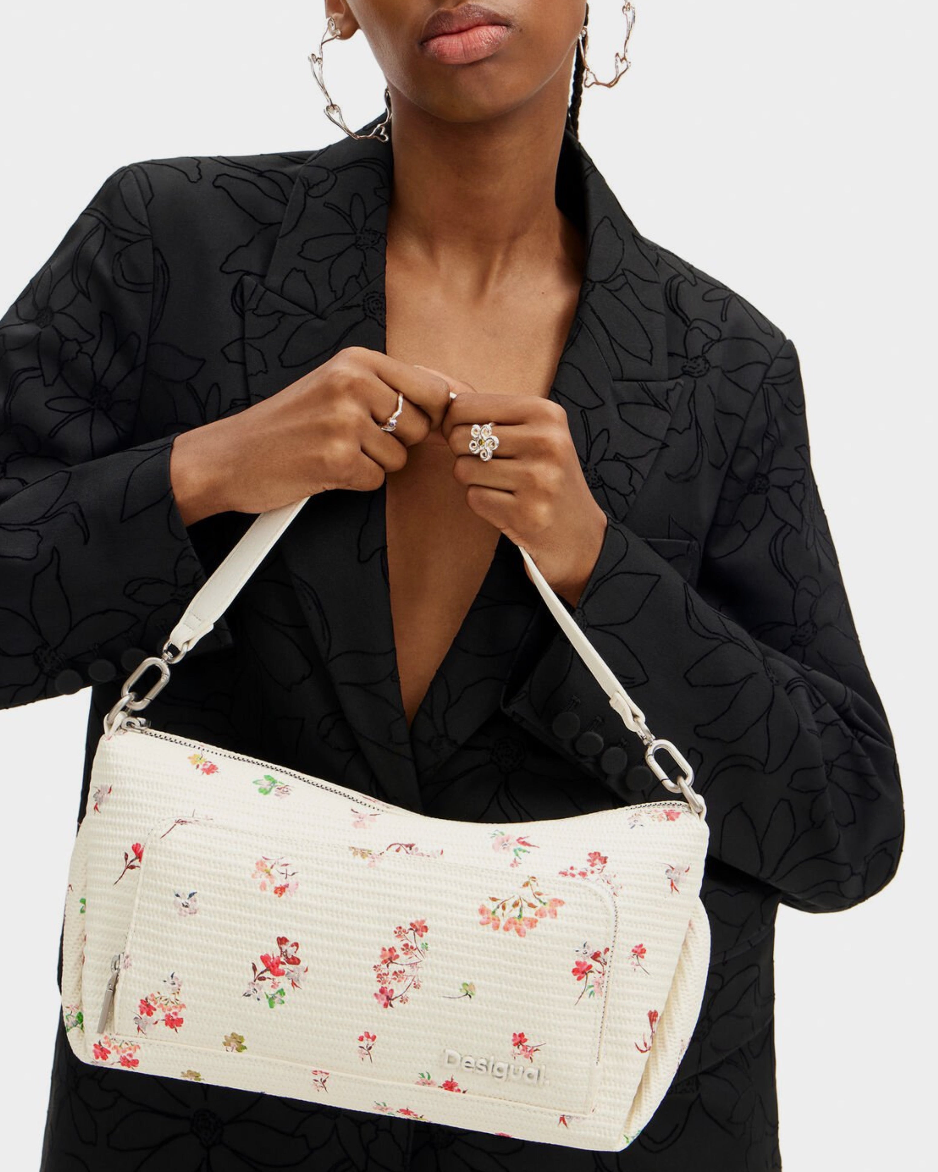 Дамска чанта в бяло с флорални мотиви Women’s M flower textured shoulder bag Desigual 24SAXP651001U White