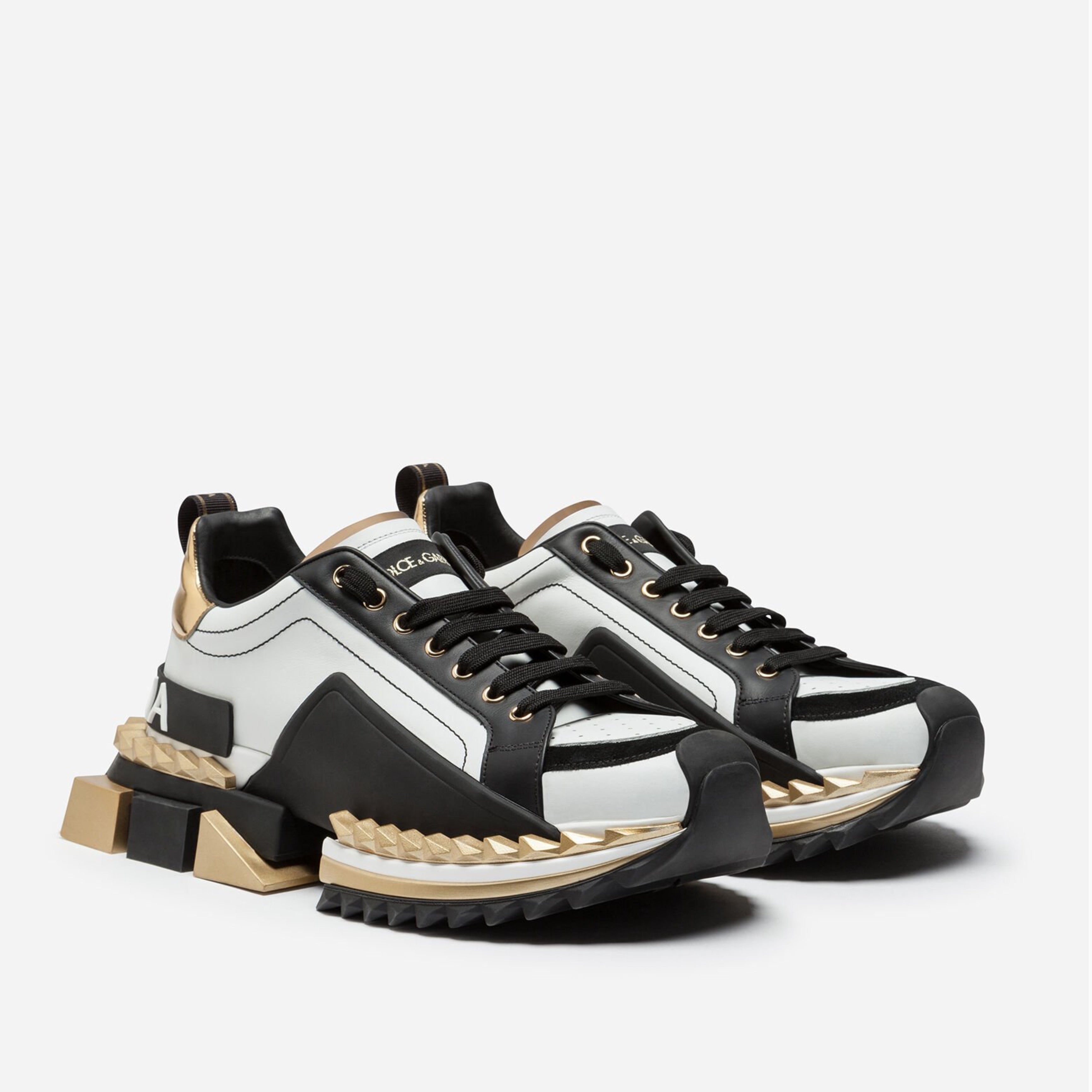 Мъжки луксозни кецове в черно, бяло и златисто DOLCE & GABBANA Men’s White / Gold / Black Leather SUPER KING Sneakers