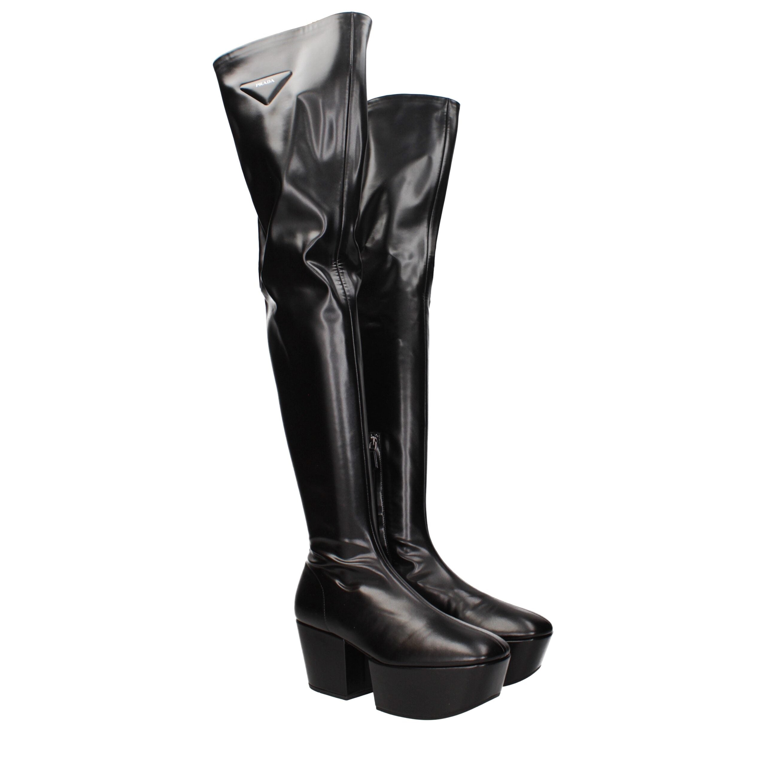 Дамски ботуши чизми на платформа Women’s leather knee boots PRADA 1WP1443LGW070F0002 Black angled view