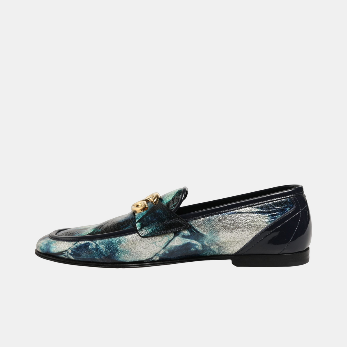 Dolce & Gabbana Metallic Blue Silver Leather DG Loafers Medial View