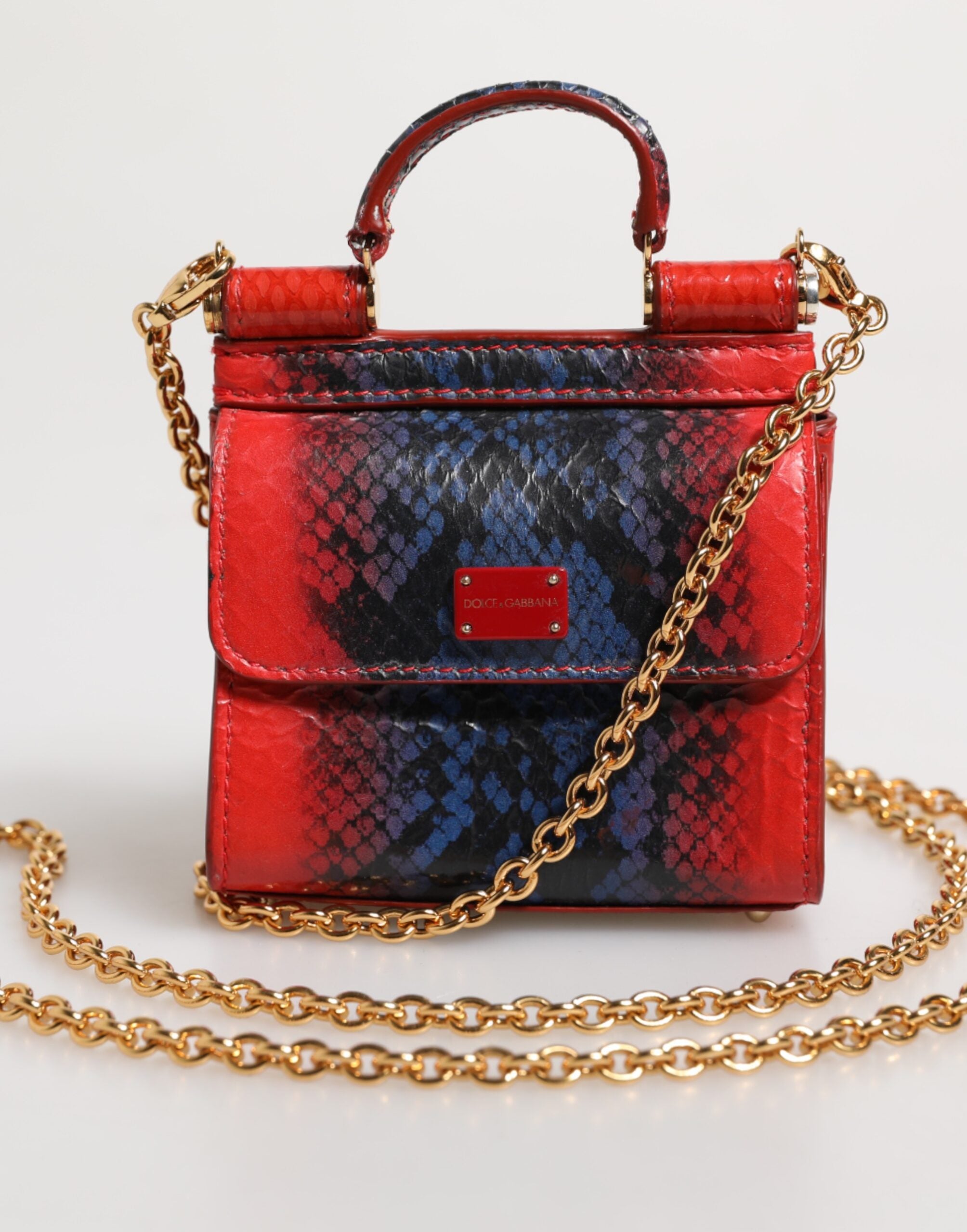 Dolce & Gabbana Red Blue Leather Sicily Crossbody Chain Satchel Borse Bag