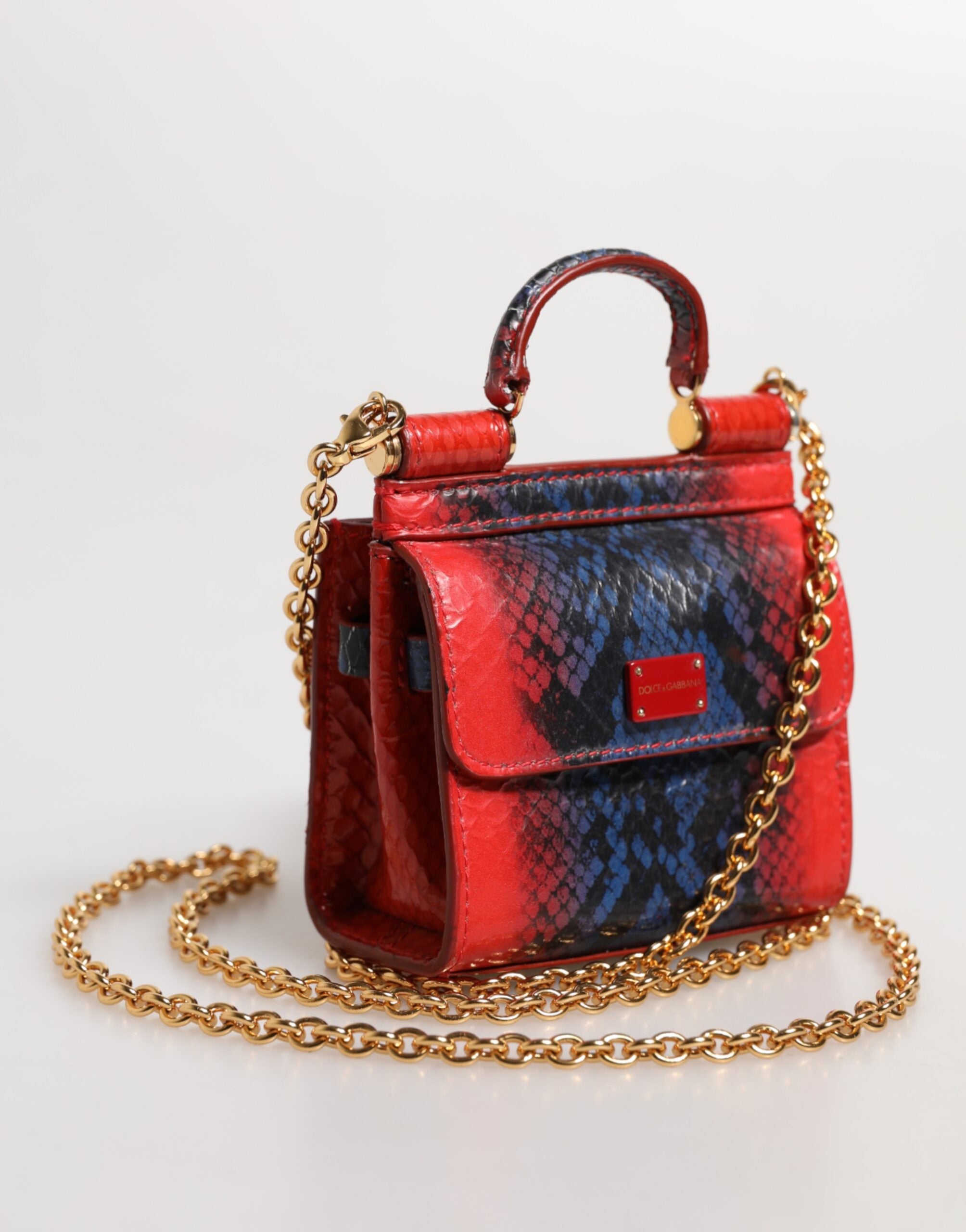 Dolce & Gabbana Red Blue Leather Sicily Crossbody Chain Satchel Borse Bag