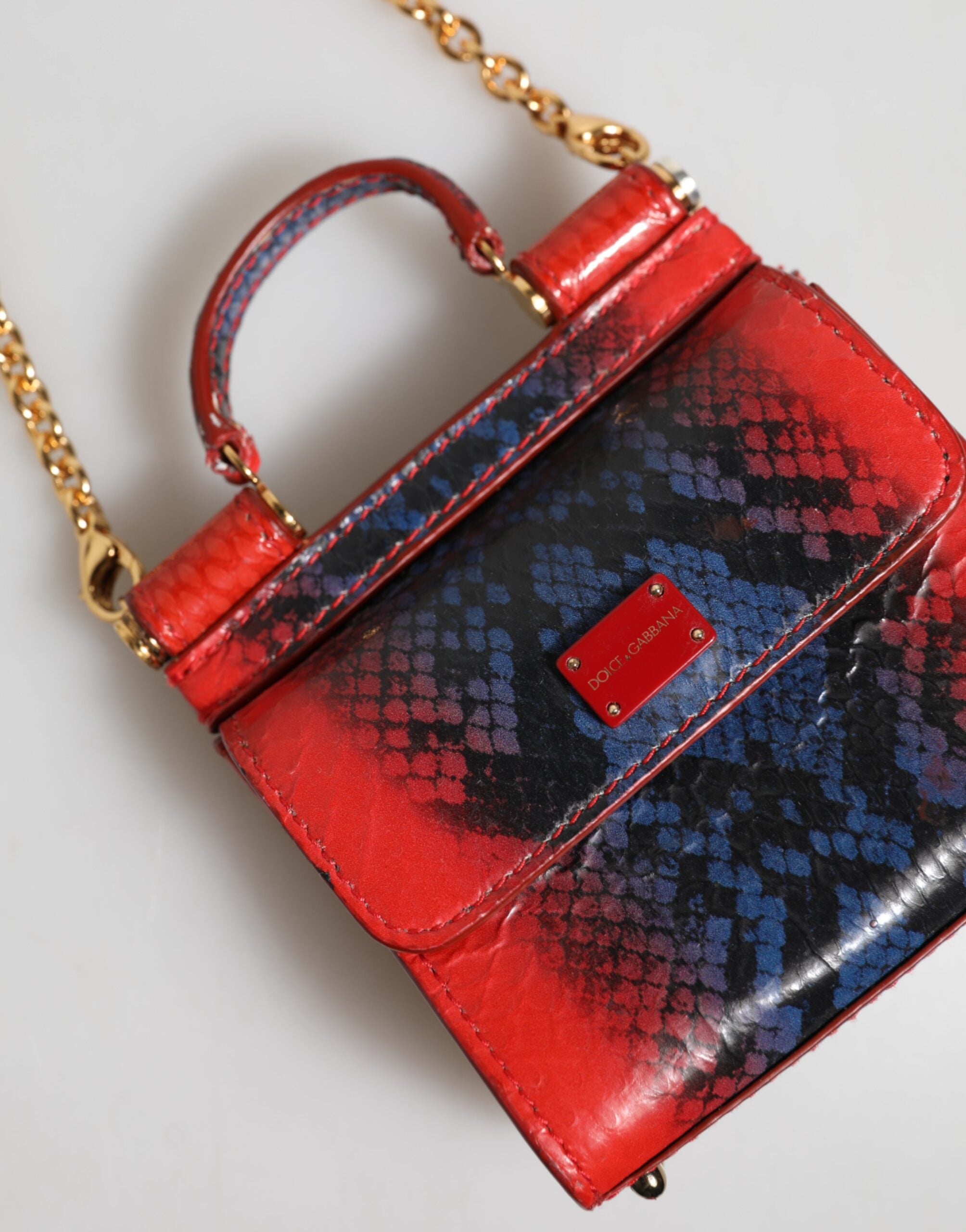 Dolce & Gabbana Red Blue Leather Sicily Crossbody Chain Satchel Borse Bag