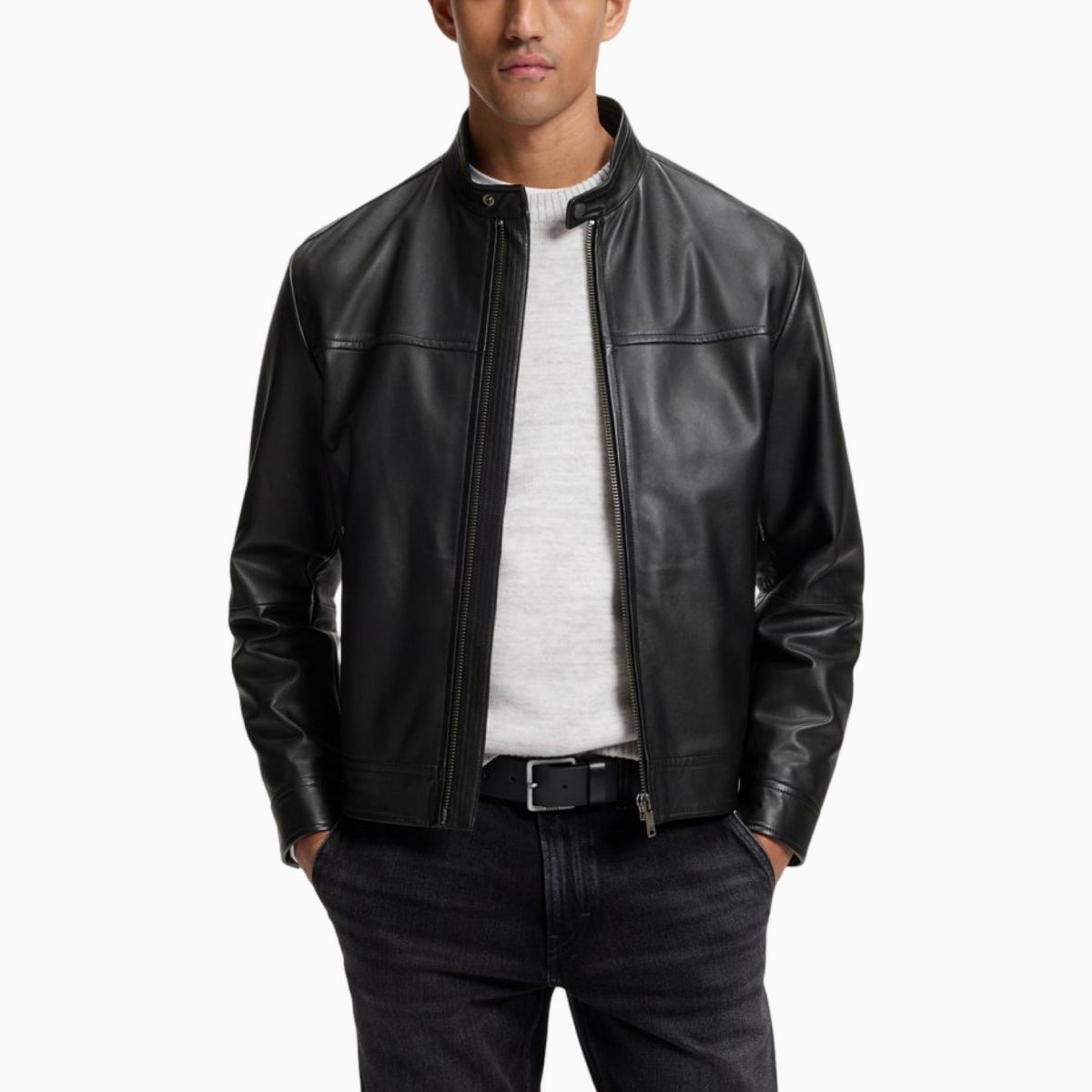 Мъжко кожено яке Boss Men Leather Jacket 50566585-001 Front View