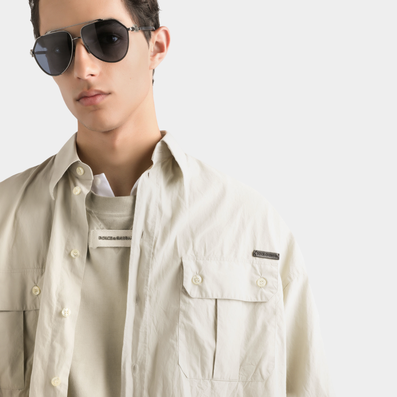 Dolce & Gabbana Beige Cotton Poplin Shirt G5MD3TGI281S9000 Close-Up