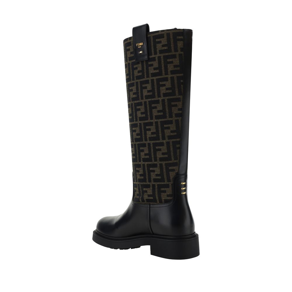 Дамски ботуши Women’s Black leather and brown FF fabric boots FENDI FILO 8W8574AHGYF0PMM heel view