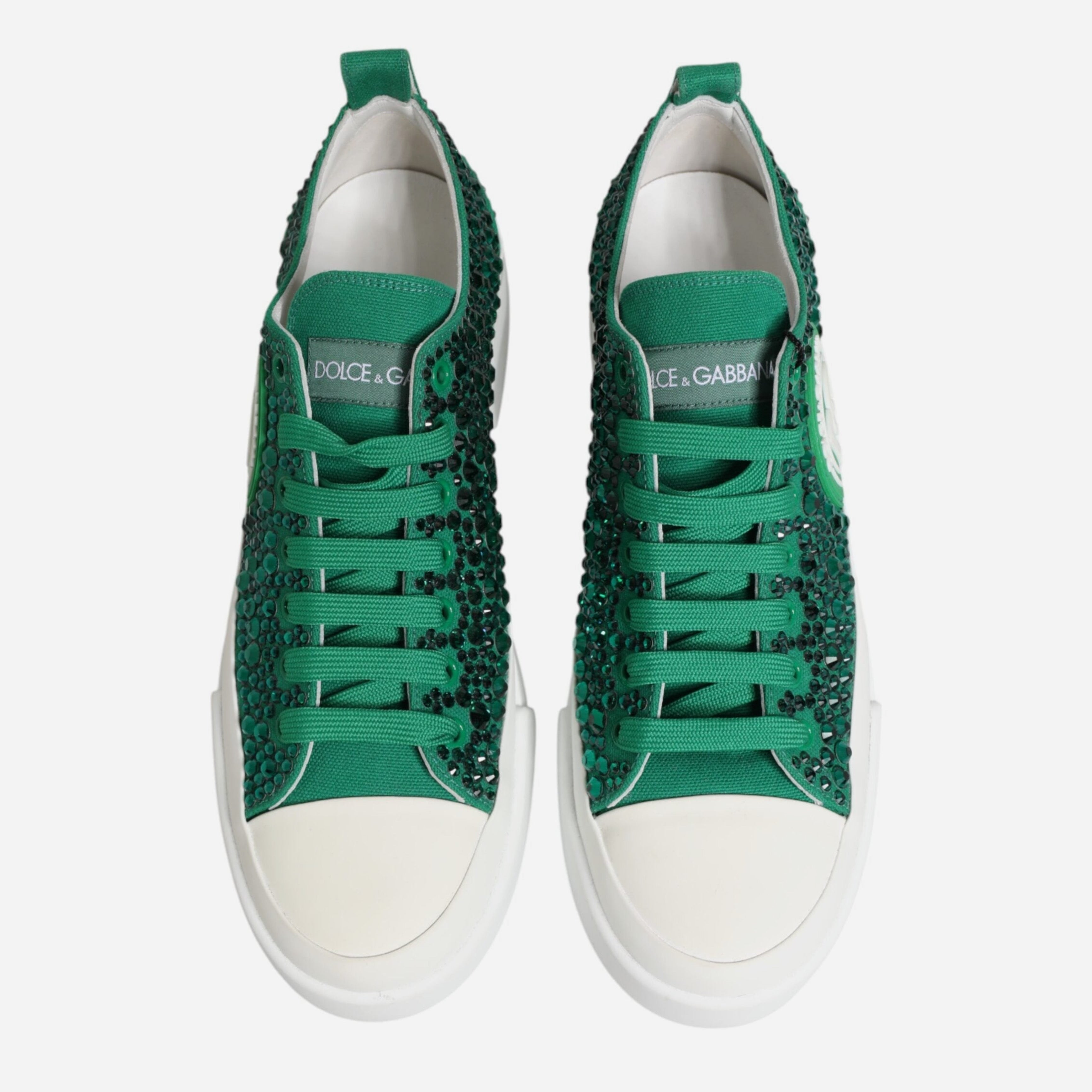 Дамски платнени кецове с кристали Women’s sneakers Dolce & Gabbana Portofino Green Crystal DG logo top view