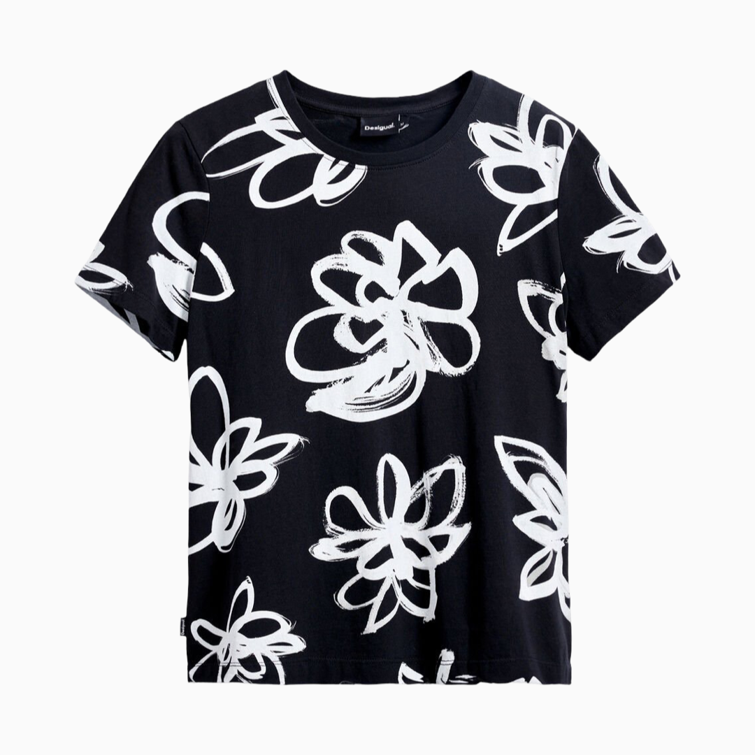 Дамска черна тениска с цветя Desigual 25SWTK26