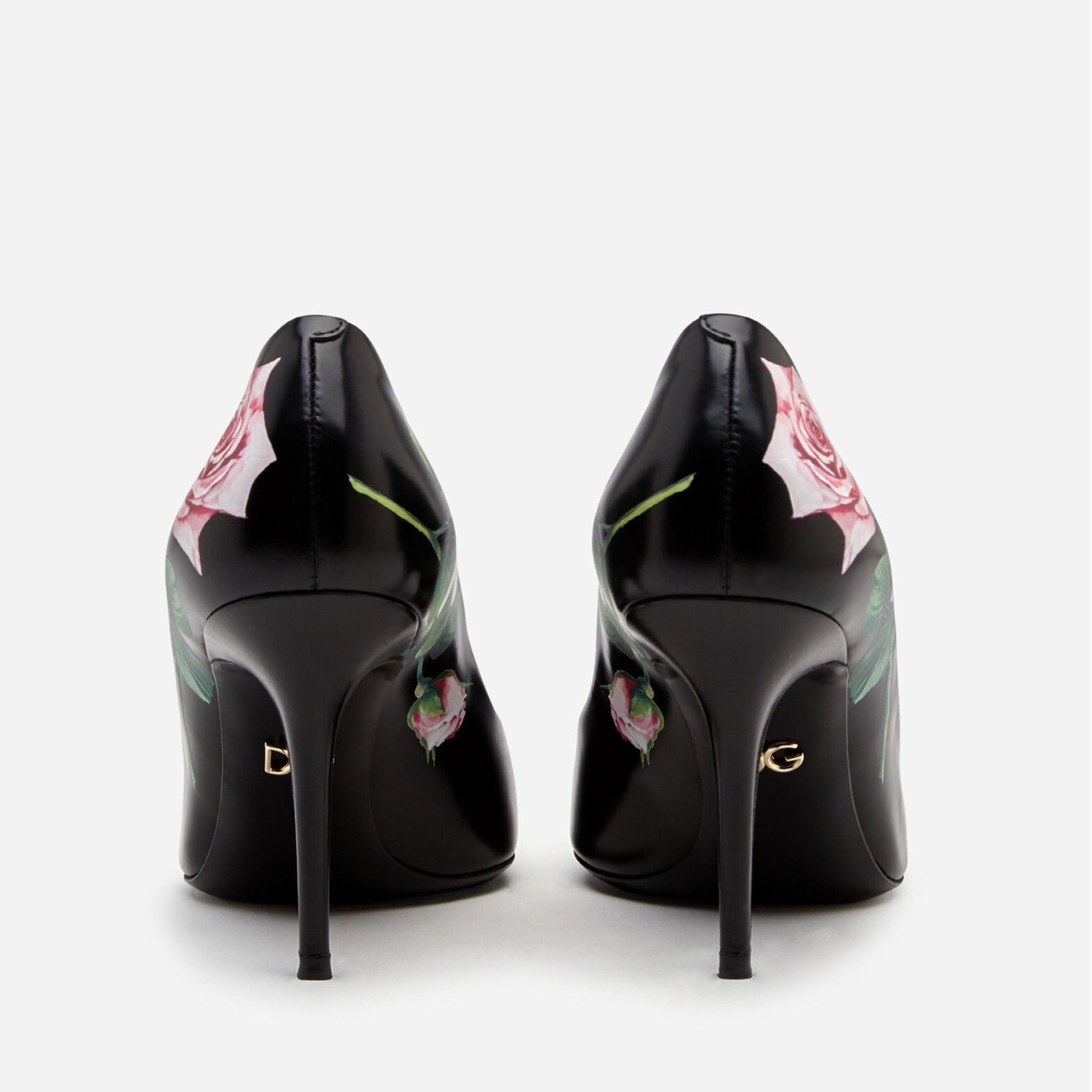 Дамски луксозни обувки на висок ток 90мм в черно с оринт рози DOLCE & GABBANA Women’s Luxury Rose Print Heels
