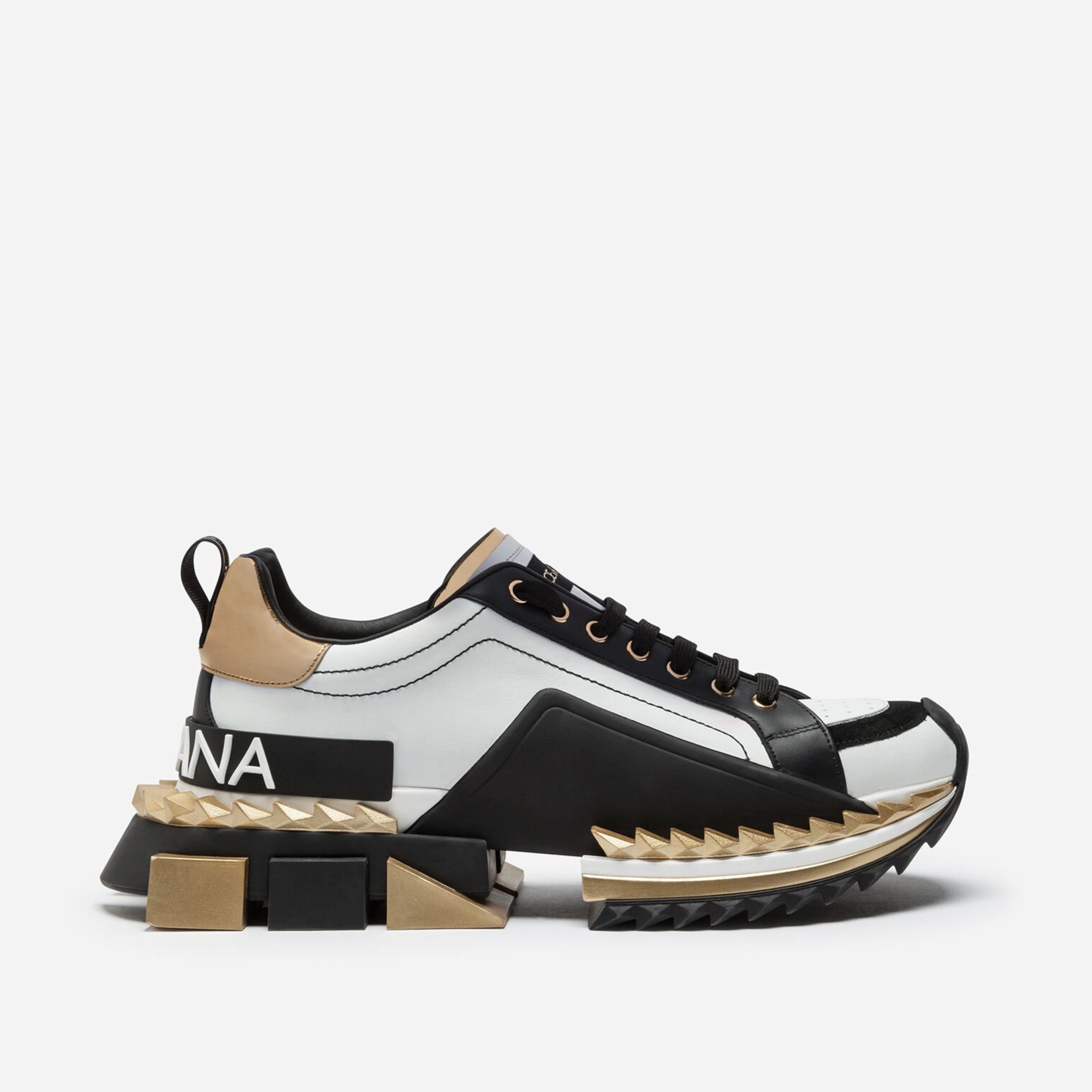 Мъжки луксозни кецове в черно, бяло и златисто DOLCE & GABBANA Men’s White / Gold / Black Leather SUPER KING Sneakers