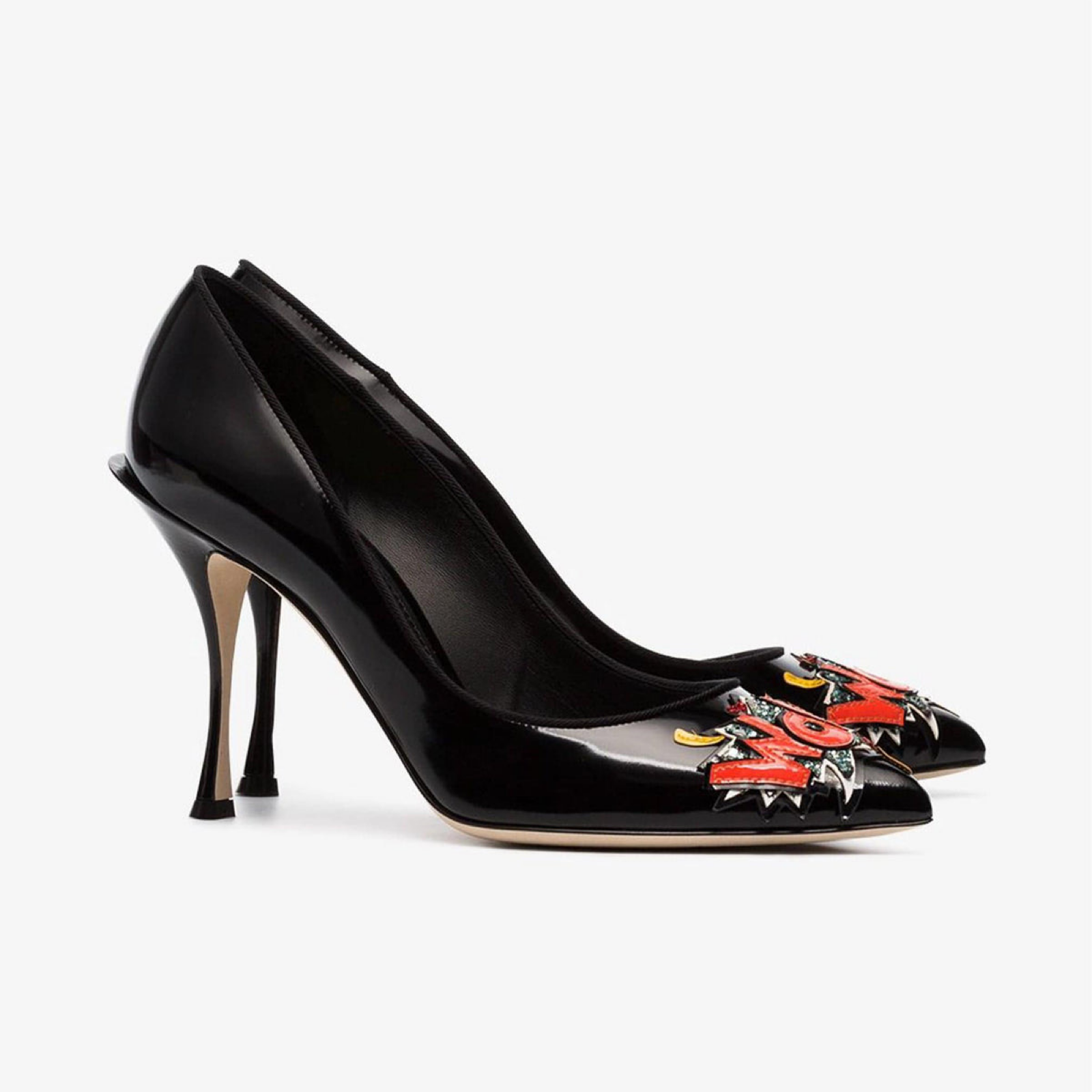 Dolce & Gabbana 90 Patent Leather WOW Embroidered Pumps CD1183 AZ1261 80999 Lateral View