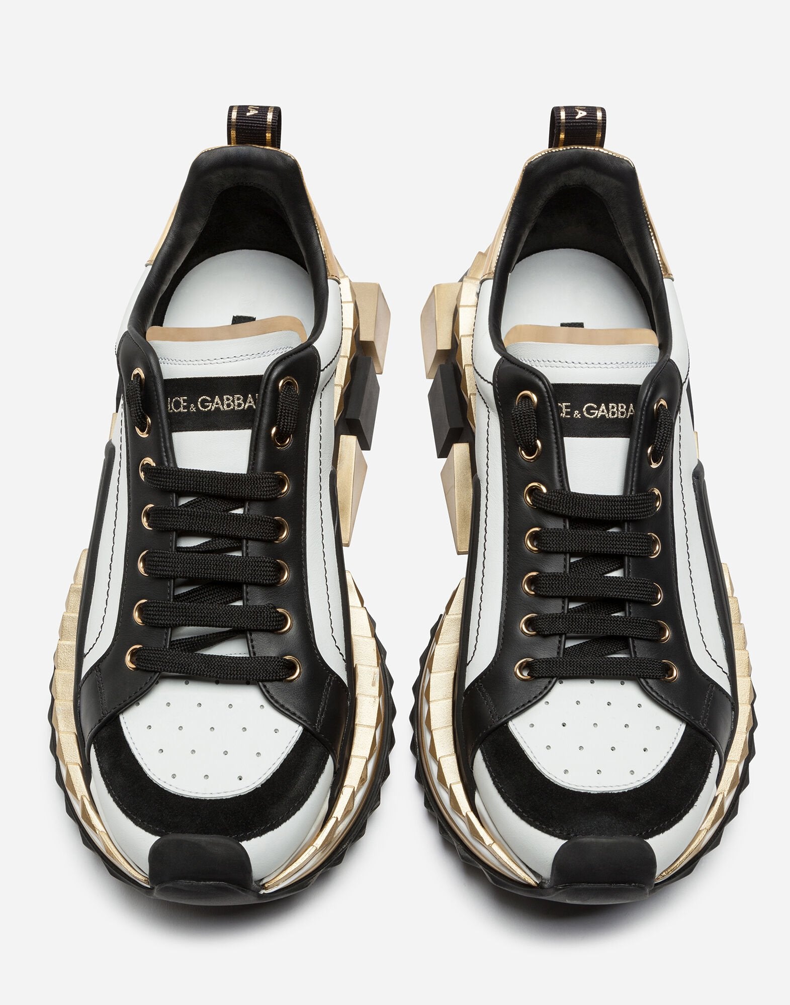 Мъжки луксозни кецове в черно, бяло и златисто DOLCE & GABBANA Men’s White / Gold / Black Leather SUPER KING Sneakers