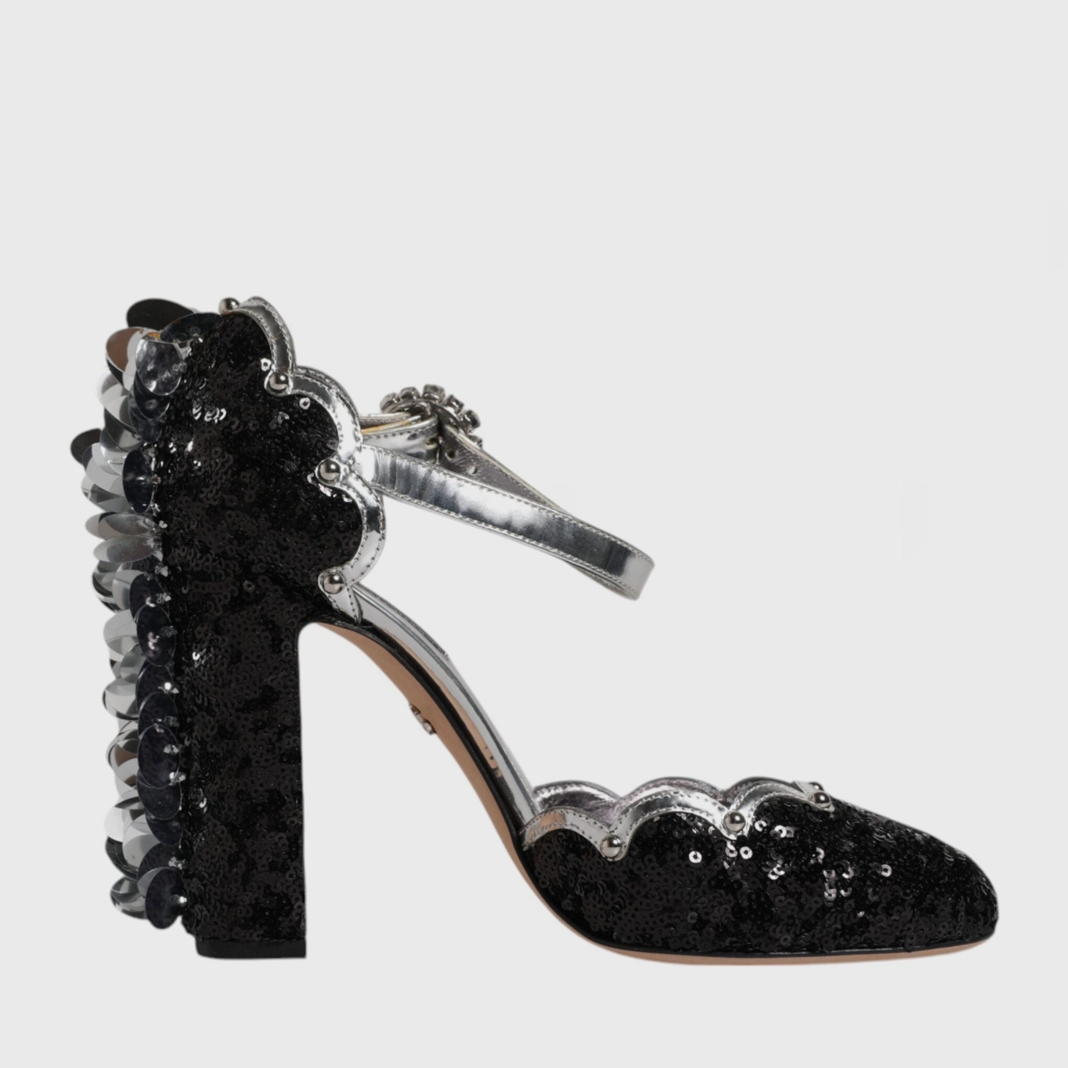 Дамски луксозни сандали на висок ток Dolce & Gabbana Black Silver Sequin Ankle Strap Sandals