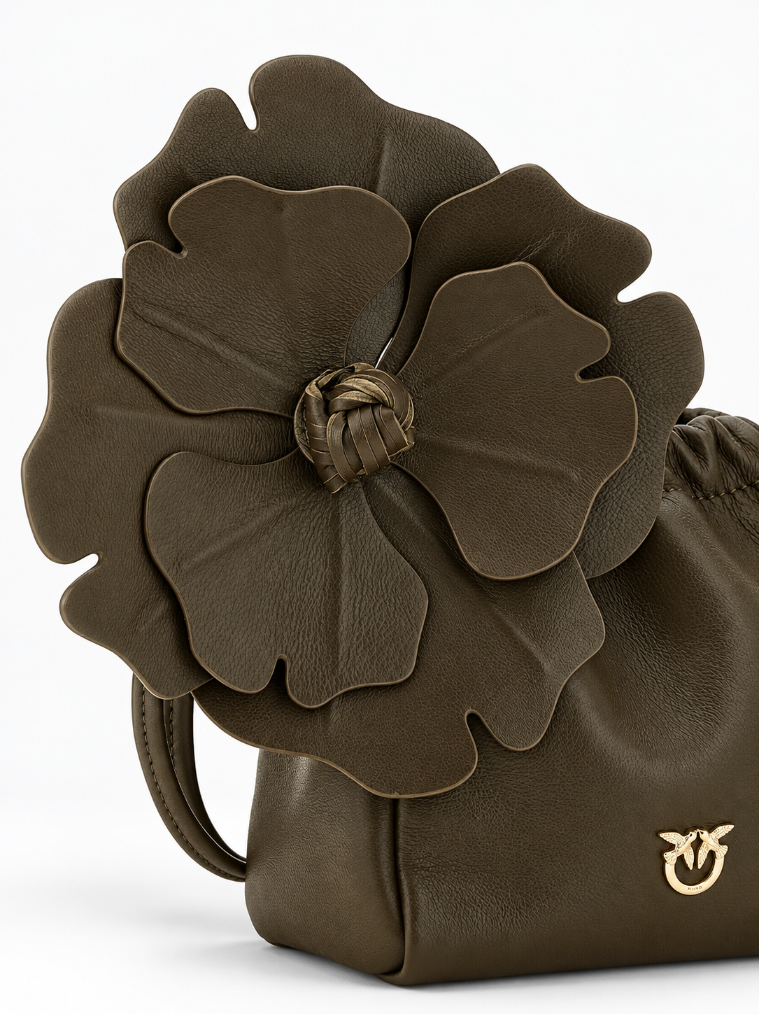 PINKO suede shoulder bucket bag with nappa leather flower 107678A0F2-V65Y Military Green detail view