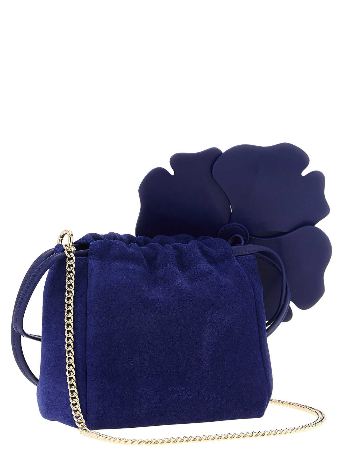 PINKO suede shoulder bucket bag with nappa leather flower 107678A3M6-F04Y Blue back view