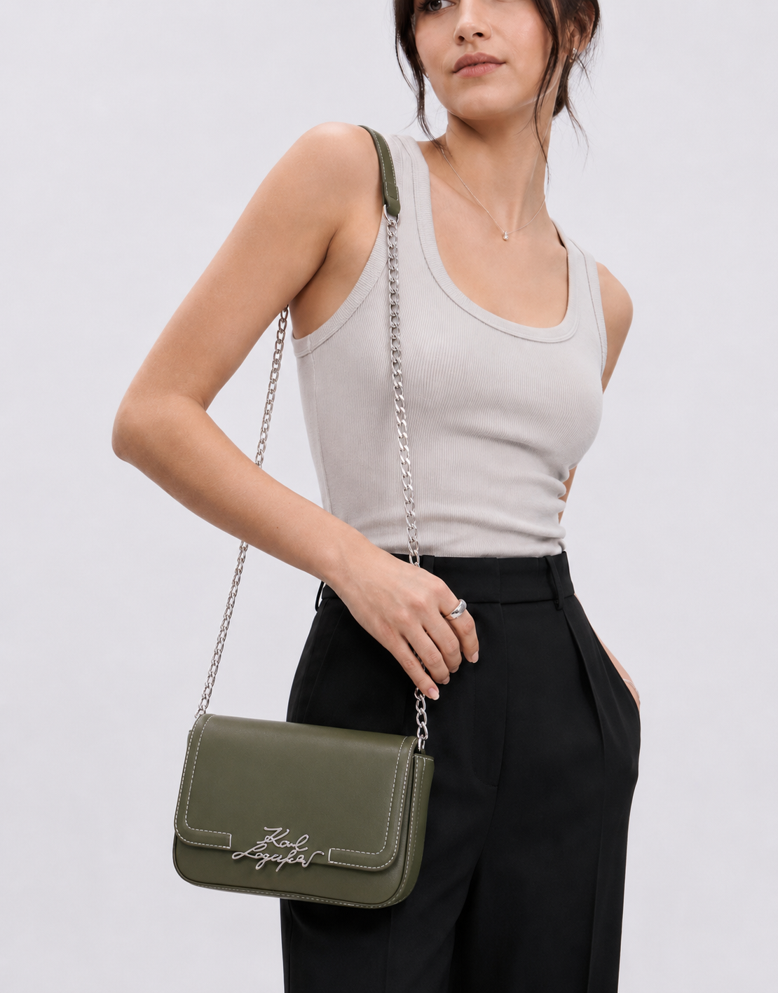 Дамска чанта през рамо Women’s crossbody bag Karl Lagerfeld K/Signature ASW300391LB Olive Green lifestyle view 2