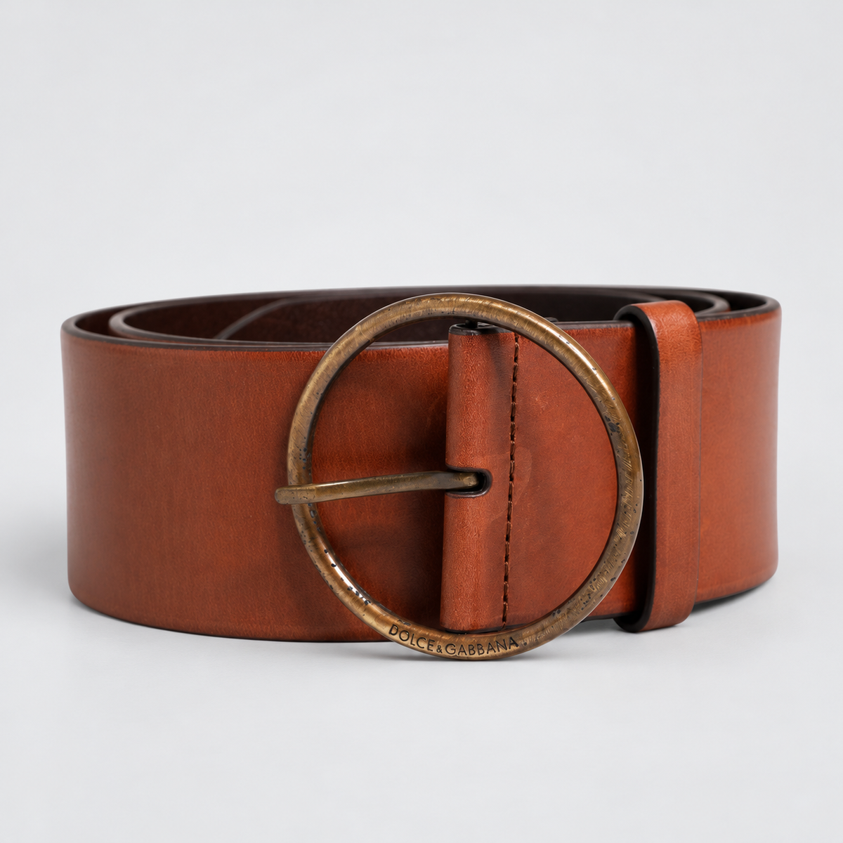 Dolce & Gabbana Men Brown Leather Wide Waist Metal Round Buckle Belt - BC4702 AO357 - studio view 1